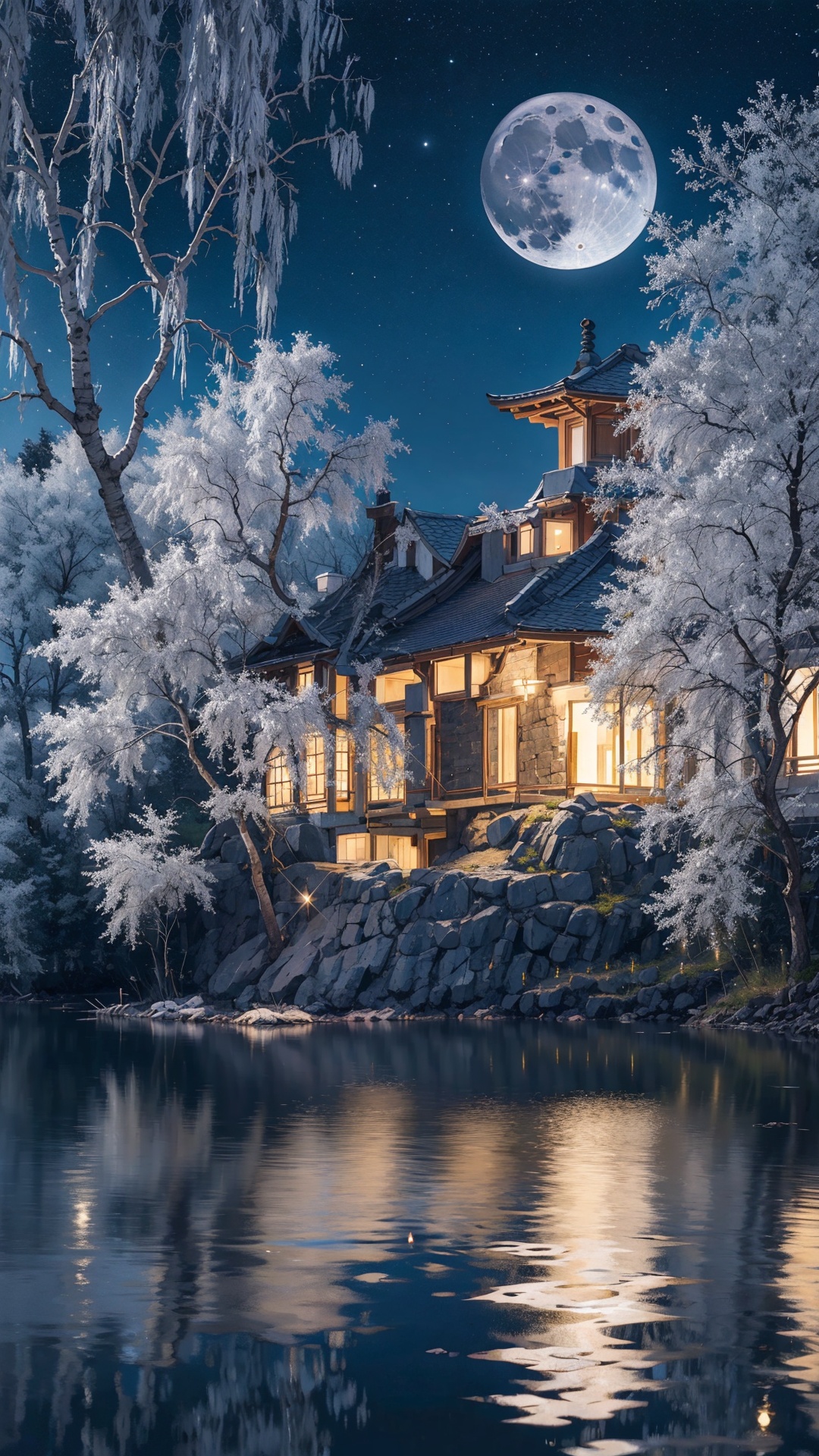 The moonlight quietly pours on the quiet lake,and the light shimmering like countless twinkling gems. Breeze blowing,the shadow of the moon swaying,that clever picture beautiful. The weeping willows by the lake stretch their positions in the moonlight,and the slender willow branches sway gently,as if dancing with the moon.,<lora:Moon_20240908003204:0.8>,