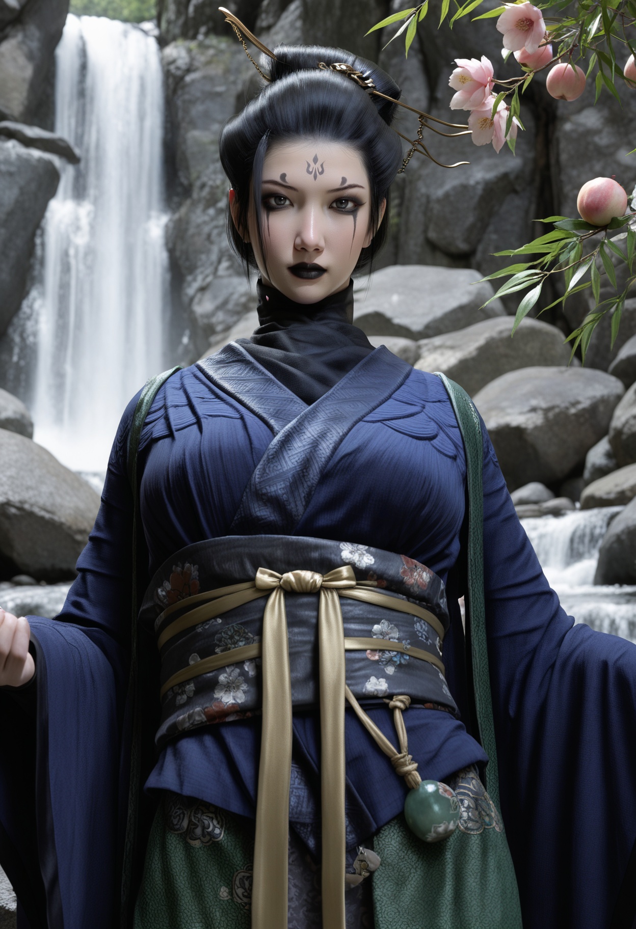 masterpiece,best quality,amazing quality,high resolution,ultra-detailed,absurdres,(looking at viewer:1.1),upper body,(moody lighting:1.1),waterfall,peach blossom,falling petals BREAK large breasts,foursister,solo,1girl,black hair,facial mark,forehead mark,hair ornament,hair bun,hair stick,chinese clothes,sash,belt,toeless legwear,black_eyeshadow,black lips,Willow-shaped eyebrows,glamor,puffy breasts,pointy_breasts BREAK photorealistic details,<lora:QQSillfoursisterV1:0.9>,