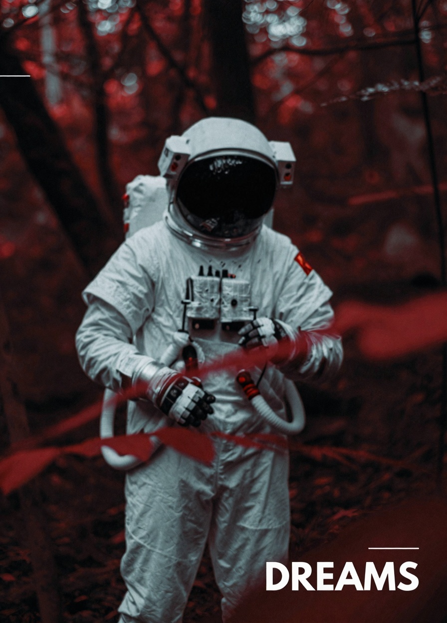 The image is a cool muted-toned,  intimate photograph Astronaut in a jungle with red trees,  cold color palette by Pongmon...