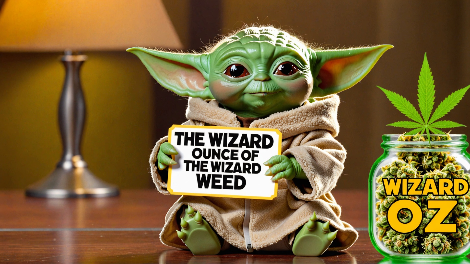 photo of baby yoda with a jar of ******** with a sign saying "the wizard of oz" ounce of weed on Tensor.Art