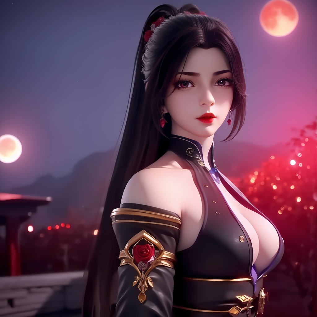 <lora:779-DA-绝世战魂-楚云:0.8>, (,1girl, ,best quality, ),looking at viewer,  ,,ultra detailed background,ultra detailed background,ultra realistic 8k cg,, ,masterpiece, (( , )),, ,science fiction,mole, ,    ,red moon, black rose,     (cleavage),,  (),