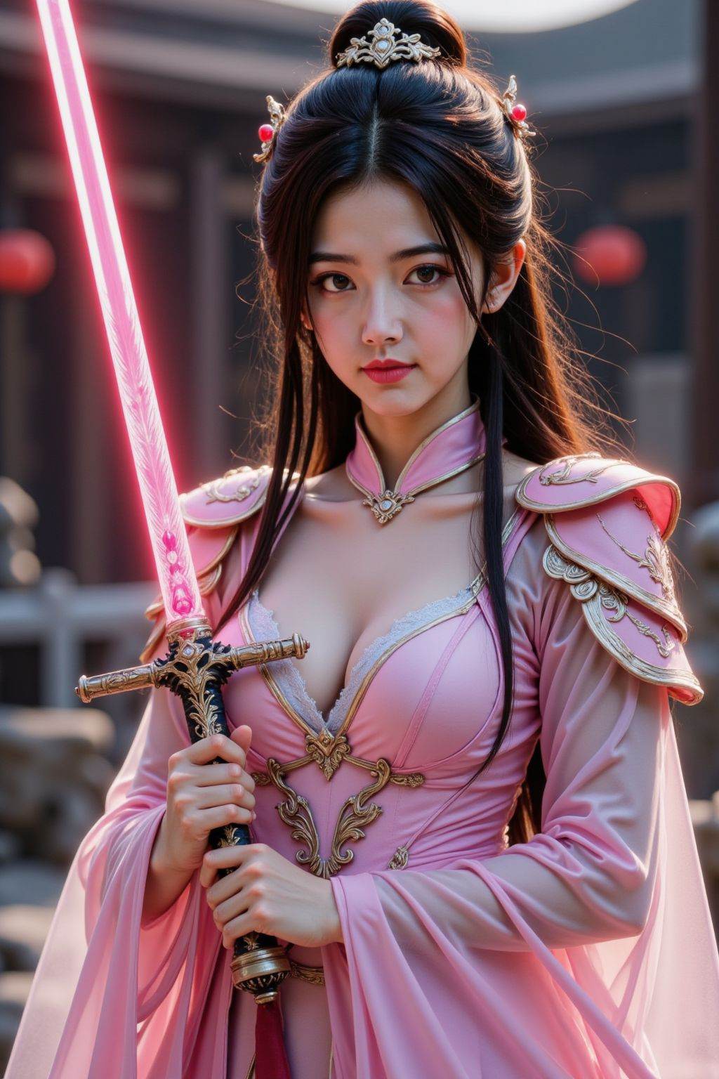 Photograph of an attractive young girl, solo, long hair, breasts, looking at viewer, brown hair, black hair, hair ornament, long sleeves, dress, holding, cleavage, upper body, weapon, sword, hair bun, holding weapon, blurry background, holding sword, pink dress, glowing weapon, glowing sword, chinese armor dress, pink chinese armor dress,