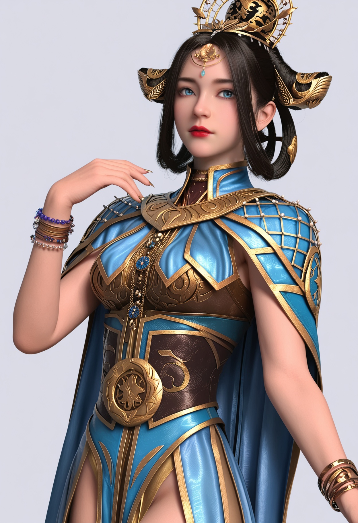 score_9,high detail,best quality,shiny skin,shiny,1girl,solo,blue eyes,black hair,hair ornament,white background,lips,realistic,jewelry,red lips,crown,cape,closed mouth,bracelet,hair rings,lipstick,makeup,armor,parted lips,looking at viewer,thighs,<lora:QQSponyxiangyunV1:0.8>,<lora:Pony_DetailV2.0:0.8>,<lora:皮肤凹痕:0.1>,