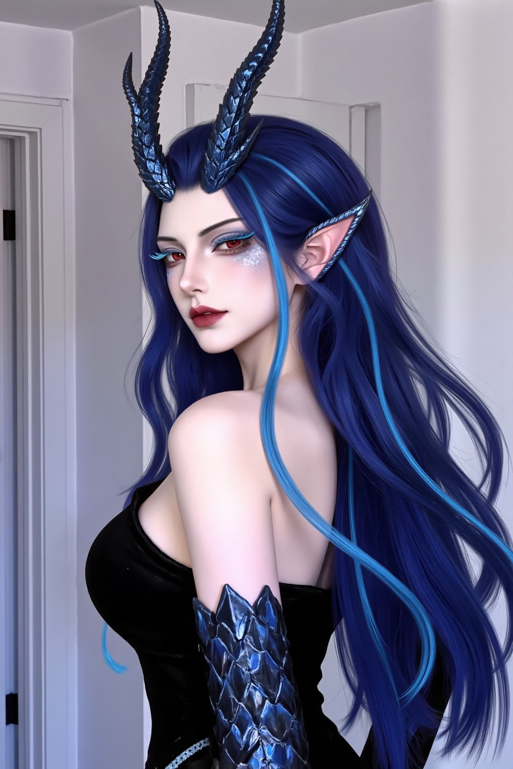 ZOZ_QR,a digital illustration shoot from a profile camera angle about a fantasy character with horns and a seductive expression, standing in a softly lit room, the image also shows a woman with pale skin, long blue hair with blue highlights, and pointed ears, on the middle of the image, a young woman appears to be in her early twenties, with a serious expression, looking directly at the viewer, she has a slender physique and is wearing a black, strapless dress with a plunging neckline, showcasing her bare shoulders and medium breasts, her hair is styled in a long, flowing manner, and she has dragon horns on her head, her eyes are a striking red color, and her lips are painted with red lipstick, her ears are pointed and have an elf-like appearance, the background is a simple room with white walls and a door, and the lighting is soft and diffused, creating a dreamy atmosphere,