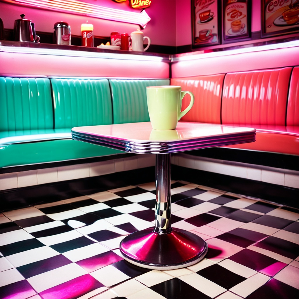 sceneretrodiner,  a ceramic coffee mug,  retro diner booth table on Tensor.Art