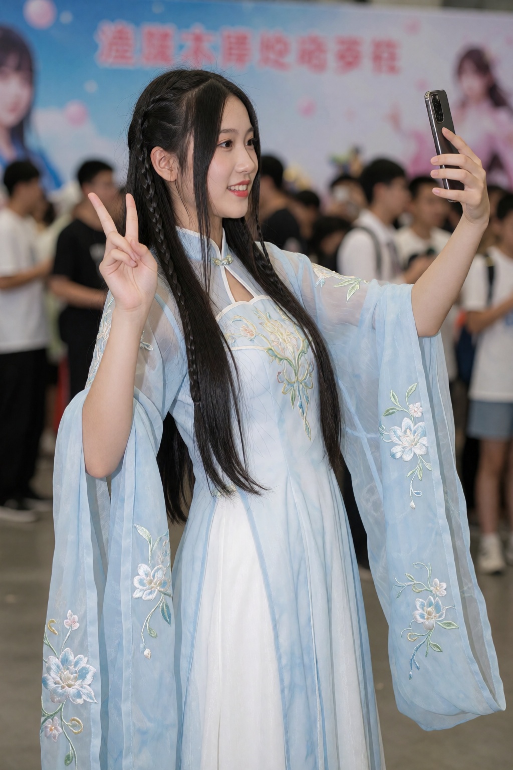 照片中是一位亚裔女性,  她有着乌黑亮丽的长直发,  扎着几条辫子。她身着一件飘逸的浅蓝色和白色相间的传统中式旗袍 on Tensor.Art