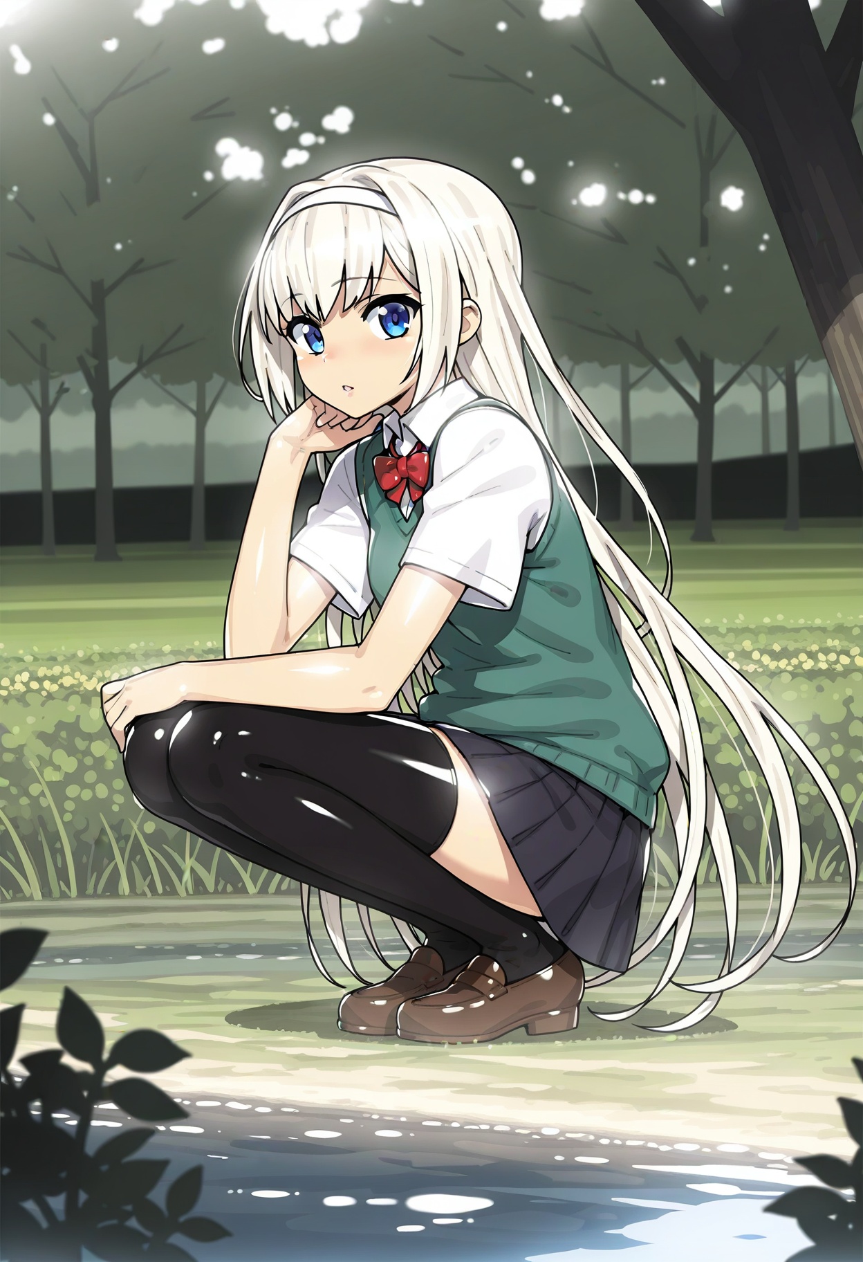 1girl,white haired girl \(munashi mujou\),full body,outdoors,shoes,hairband,zettai ryouiki,solo,white shirt,skirt,shirt,brown footwear,tree,parted lips,very long hair,school uniform,blue eyes,long hair,loafers,day,red bow,red bowtie,bow,water,squatting,looking at viewer,short sleeves,bowtie,blonde hair,white hairband,thighhighs,sweater vest,black thighhighs,grass,miniskirt,black skirt,pleated skirt,Beautiful natural scenery. A young girl with long white hair and blue eyes is squatting on the grass in a park near a lake. She has black thigh-high stockings on her legs and brown shoes on her feet. The background of the image features a green lawn with trees and bushes around the lake,Beautiful natural scenery. she has a serious expression on her face and is looking off to the side. in the foreground,there is a young girl with long blonde hair and blue eyes sitting on the grass near a body of water. the overall mood of the image is peaceful and serene.,