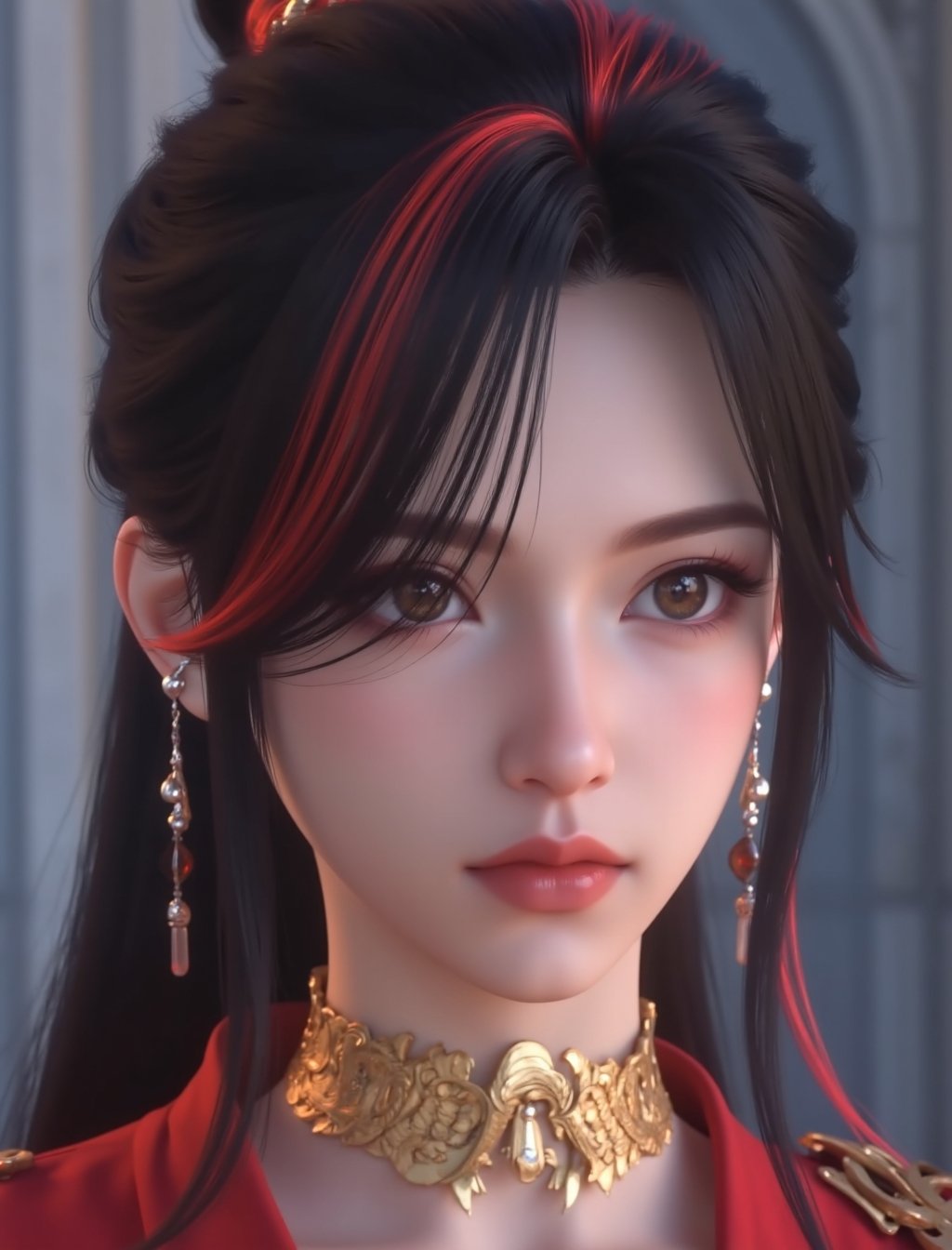 , ultra-high resolution,32K UHD,sharp,,close ,face portrait,,small breasts,small breasts,small breasts,small breasts,small breasts,small breasts, <lora:赵襄儿flux-lora-000013:1>1girl, zhaoxianger, solo, portrait, realistic, black hair, multicolored hair, earrings, jewelry, streaked hair, long hair, blurry background, blurry, red hair <lora:滤镜flux-lora-000020:0.4> lvjing