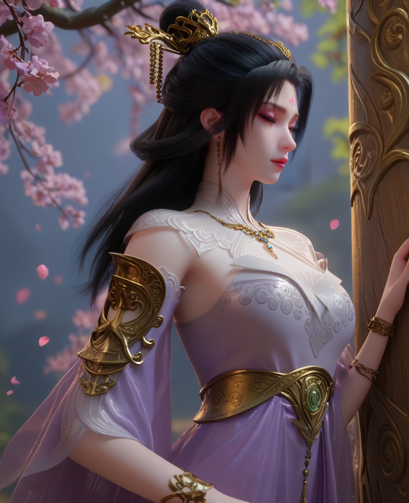 (oriental architecture, elegant decor, sophisticated style:1.1),(Resting against a tree, eyes closed, showing a moment of peaceful relaxation in nature,:1.1),(breasts:1.2),<lora:XL16克金玩家梅妃:0.95>,miss meifei,purple high slit corset dress,blue eyes,facial mark,black hair,draped looped buns with long cascading hair,hair ornament,jewelry,see-through capelet,bracelet,petals,, score_9,score_8_up,score_7_up,score_6_up,score_5_up,score_4_up,3d rendering,tag1,tag2, Cinematic Lighting,backlighting,, zPDXL3, zPDXL2,zPDXL, zPDXLxxx, zPDXLrl,
