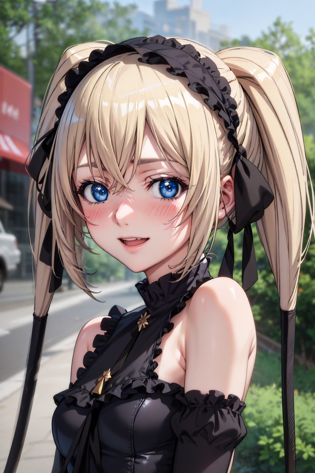 (best quality:1.1), (masterpiece:1.4), (absurdres:1.0),  portrait, close-up,1girl, ekaterina kurae, twintails, low-tied_long_hair, hair ends, very long hair, blonde hair, flat chest, blue eyes, black dress, maid headdress, neck ribbon, looking at viewer, outdoors, (blush:1.2), city, smile,<lora:Kizuki - Seikon no Qwaser - Ekatarina Kurae:0.95>