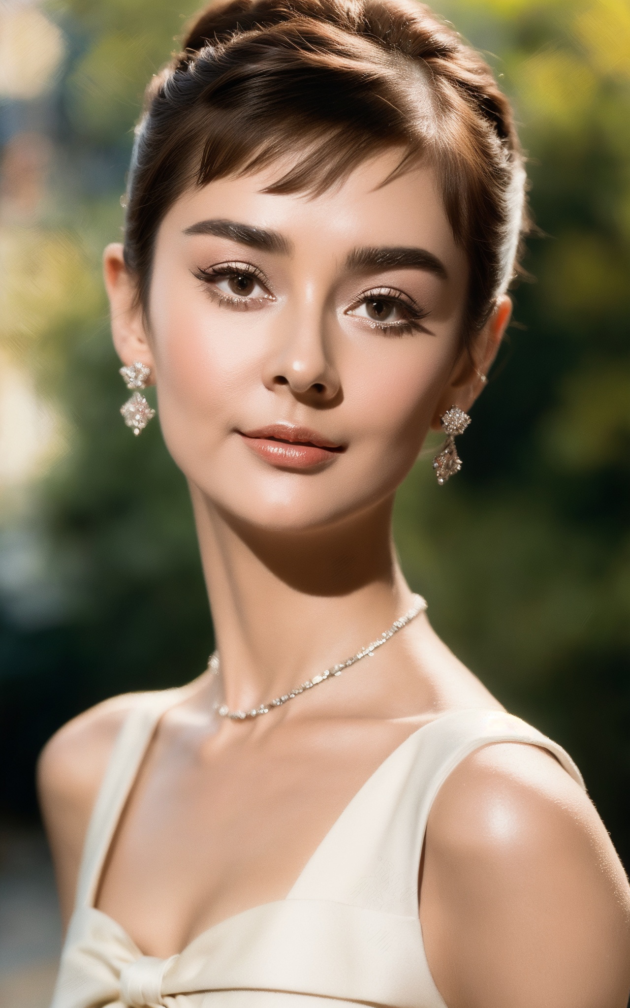 close-up,audrey hepburn on the streets of rome, (masterpiece, top quality, best quality, official art, beautiful and aesthetic:1.2),cover art,(photo effect:1.5),