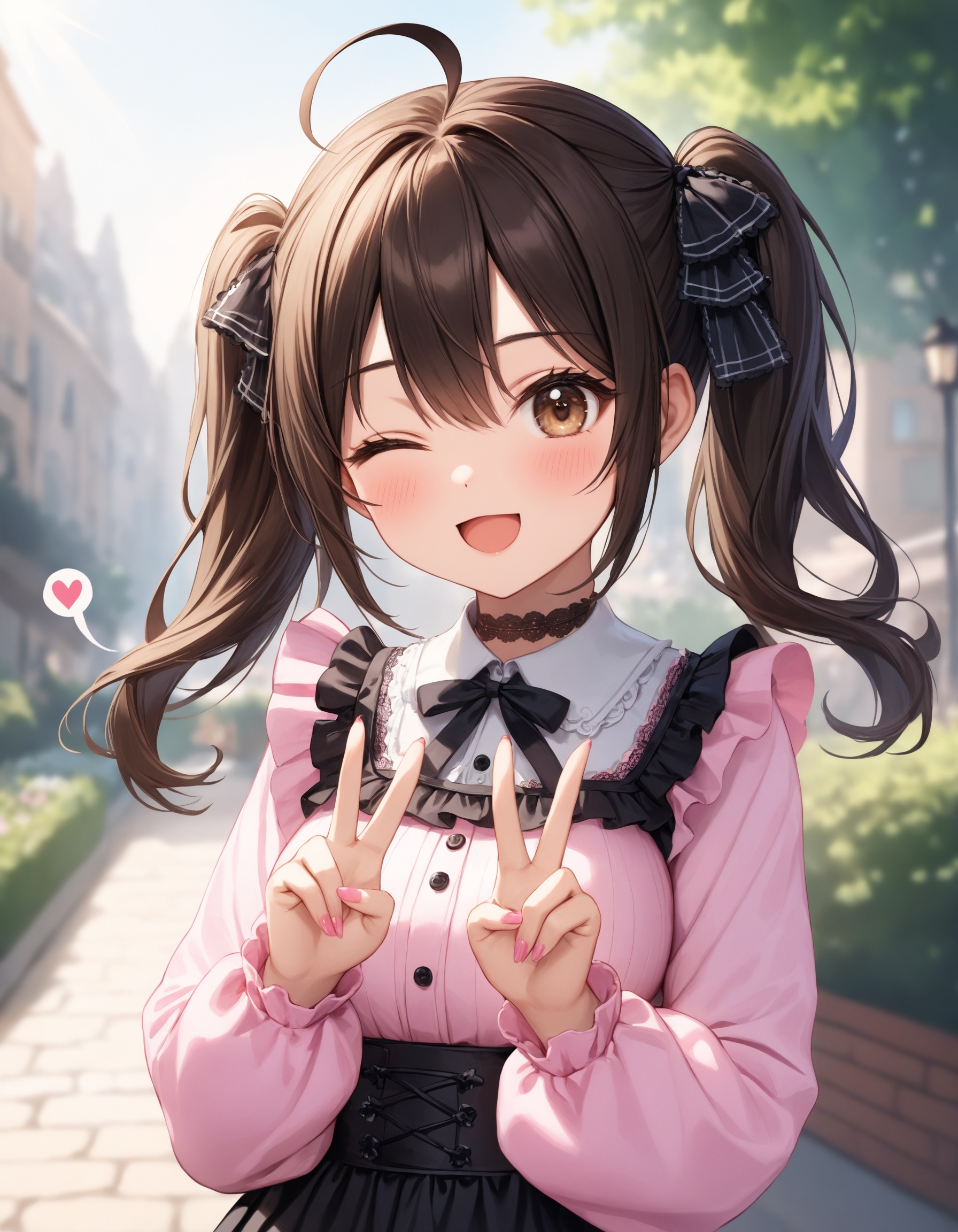 Depth of field. Upper body shot. Shooting from front. 1 cute girl. Solo. . Detailed dark-brown eyes. Tsurime. Detailed bod...