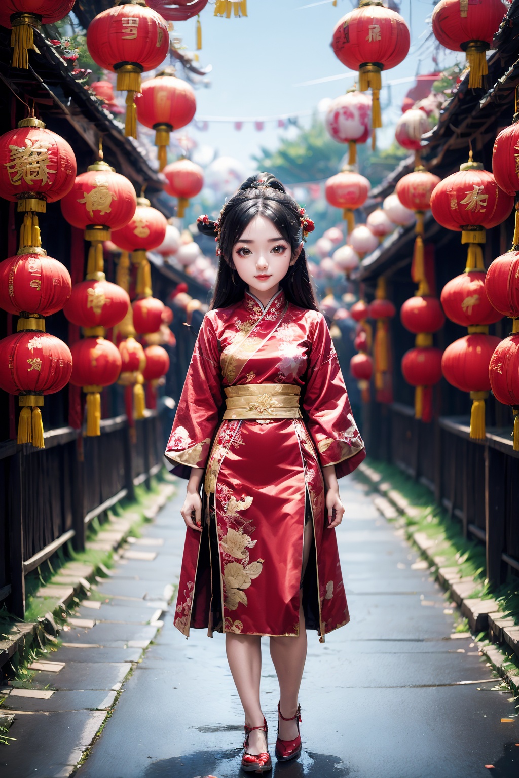 <lora:ChineseNewYear:0.8>, chinese new year, girl, (smirk:-0.4), long hair, arms at sides, red chinese clothes, paper lantern, full body, leather shoes,