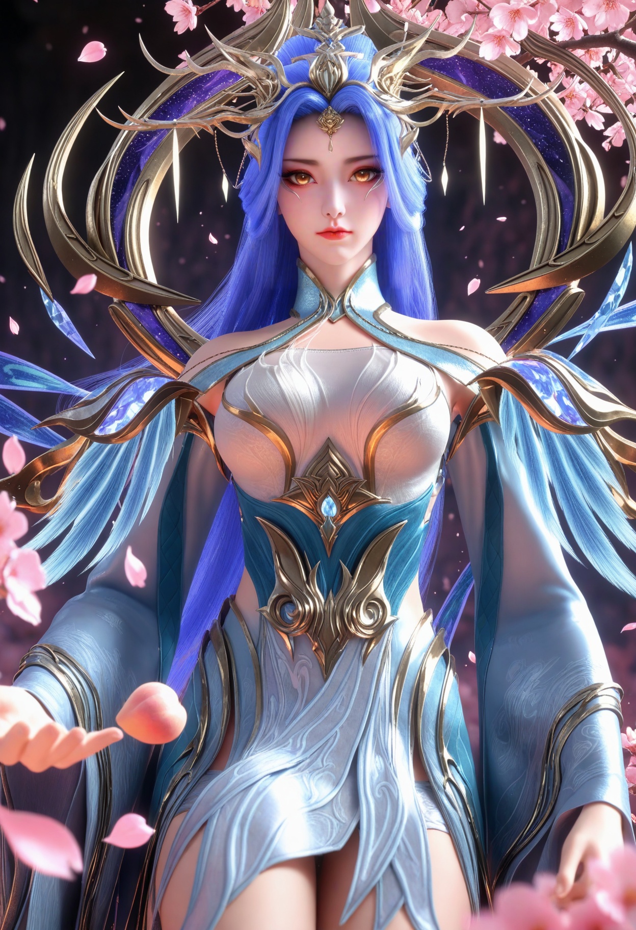 (looking at viewer:1.1),(moody lighting:1.1),peach blossom,falling petals,medium breasts,zetiannvdi,1girl,solo,long hair,blue hair,hair ornament,dress,closed mouth,long sleeves,bare shoulders,detached sleeves,yellow eyes,wide sleeves,makeup BREAK masterpiece,(best quality),(intricate details:0.9),(realistic skin:1.2),<lora:QQSillzetiannvdiV1:0.8>,