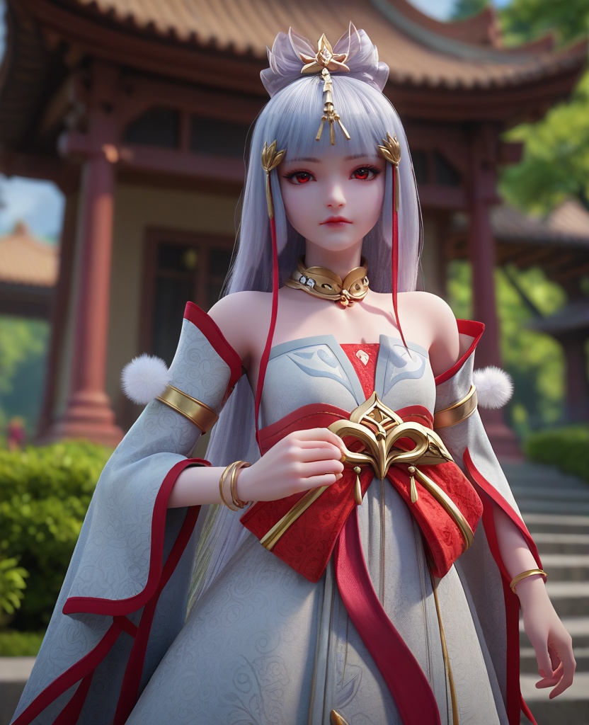 (oriental architecture, elegant decor, sophisticated style:1.1),Standing with hands on the hips, looking determined,(breasts:1.2),<lora:XL完美世界太阴玉兔:0.8>,miss taiyinyutu,petite girl,solo,white strapless dress,detached sleeves,red eyes,white hair,long hair,blunt bangs,hair bow,hair ribbon,lips,bow sash of red,jewelry,bangle,choker,pom pom \(ornament\),chiffon  petticoat,clothing patterns,eyelashes,, zPDXL2, score_9, score_8_up, score_7_up BREAK realistic, masterpiece,best quality, highly detailed,, zPDXL3, zPDXL2,zPDXL, zPDXLxxx, zPDXLrl,