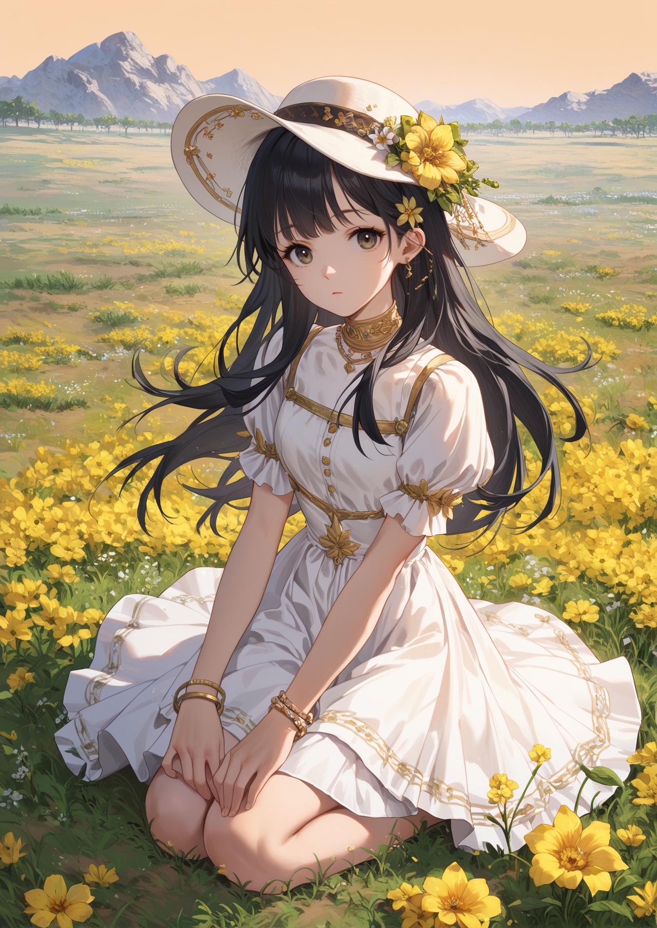 score_10,score_9,score_8_up,score_7_up,1girl,solo,long hair,black hair,field,flower,hair ornament,outdoors,white skirt,skirt,yellow flower,jewelry,hat,bracelet,dress,looking_at_viewer,eye-contact,