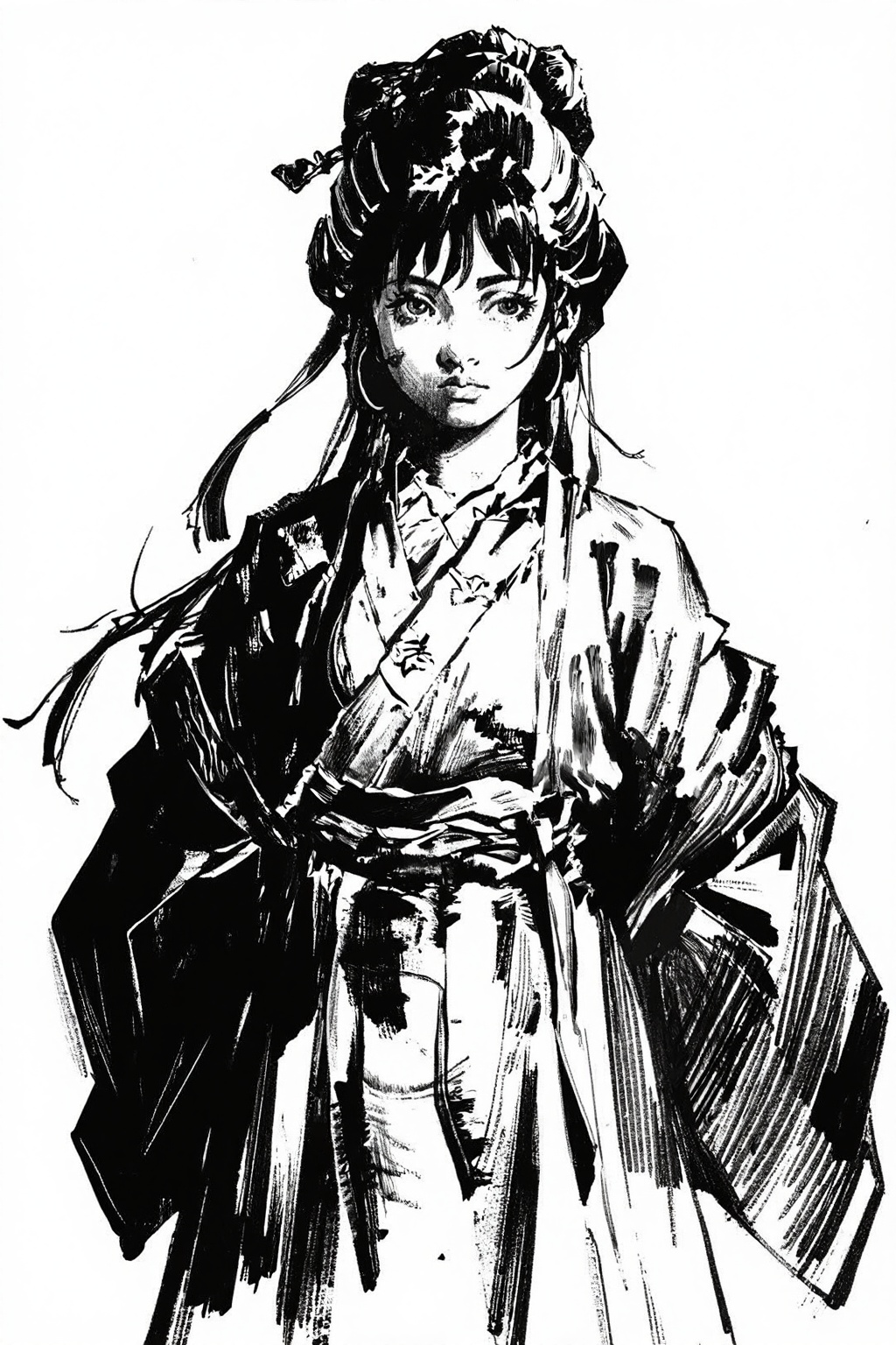 hand_sketch,sketch,black and white,art_nlhx,数字动漫风格的插画,描绘了一位身着古风汉服的少女,