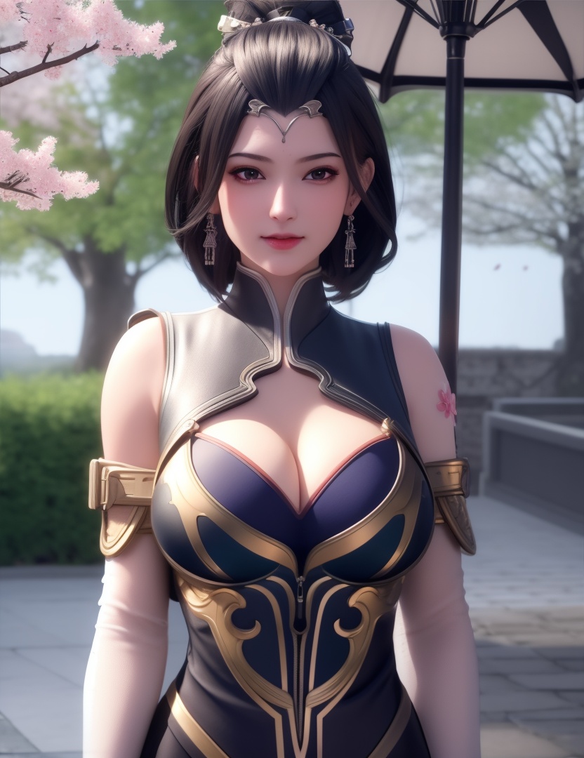<lora:529-DA-诛仙-幽姨:0.8>(,1girl, ,best quality, ),looking at viewer,  ultra detailed background,ultra realistic 8k cg,ultra detailed 8k cg,masterpiece,upper body,  (( , )),, ,science fiction,mole, ultra realistic 8k cg, ,    ,outdoors, sun,sunlight, cherry blossoms,      (cleavage), (),