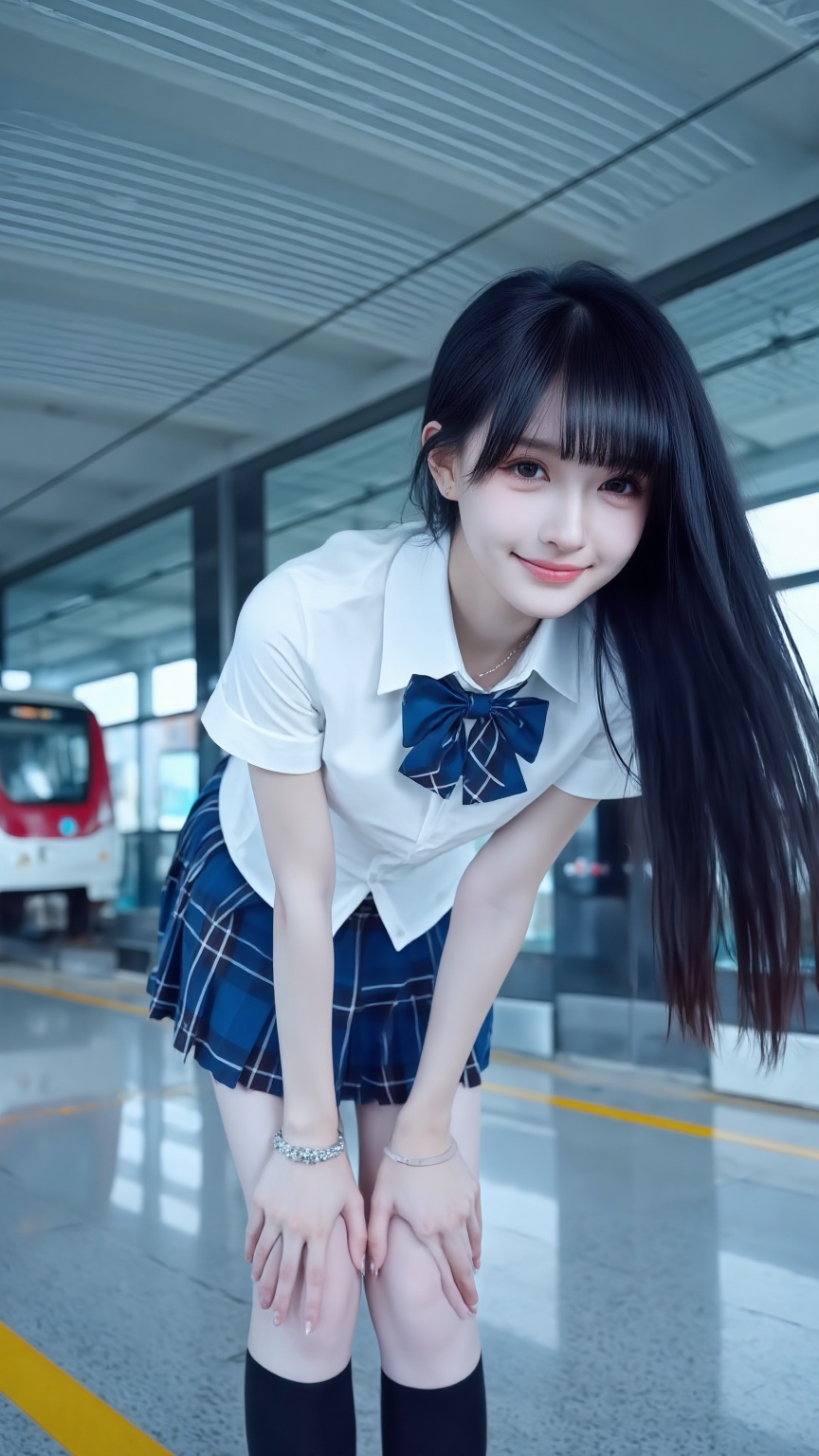 The photograph captures a young Asian woman standing in a modern, indoor train station. She has long, straight black hair with bangs, and her skin is fair. She is wearing a traditional Japanese schoolgirl uniform consisting of a white short-sleeved blouse with a large blue plaid bow at the collar, and a matching blue plaid skirt that reaches mid-thigh. She also wears knee-high white socks and black shoes. The woman is leaning forward slightly, with her hands resting on her knees, and she is smiling gently at the camera. The background features a sleek, modern train station with a high, ribbed ceiling and large windows that allow natural light to fill the space. The floor is shiny and reflective, with a yellow safety line running along the edge. To the left, there is a red and white train visible through the windows, indicating the station is in use. The overall color palette of the image includes cool blues and grays from the station, contrasting with the bright white of her blouse and the blue of her skirt and bow. The photograph is sharp, with a focus on the woman, and the lighting is even, highlighting her and the details of her outfit.