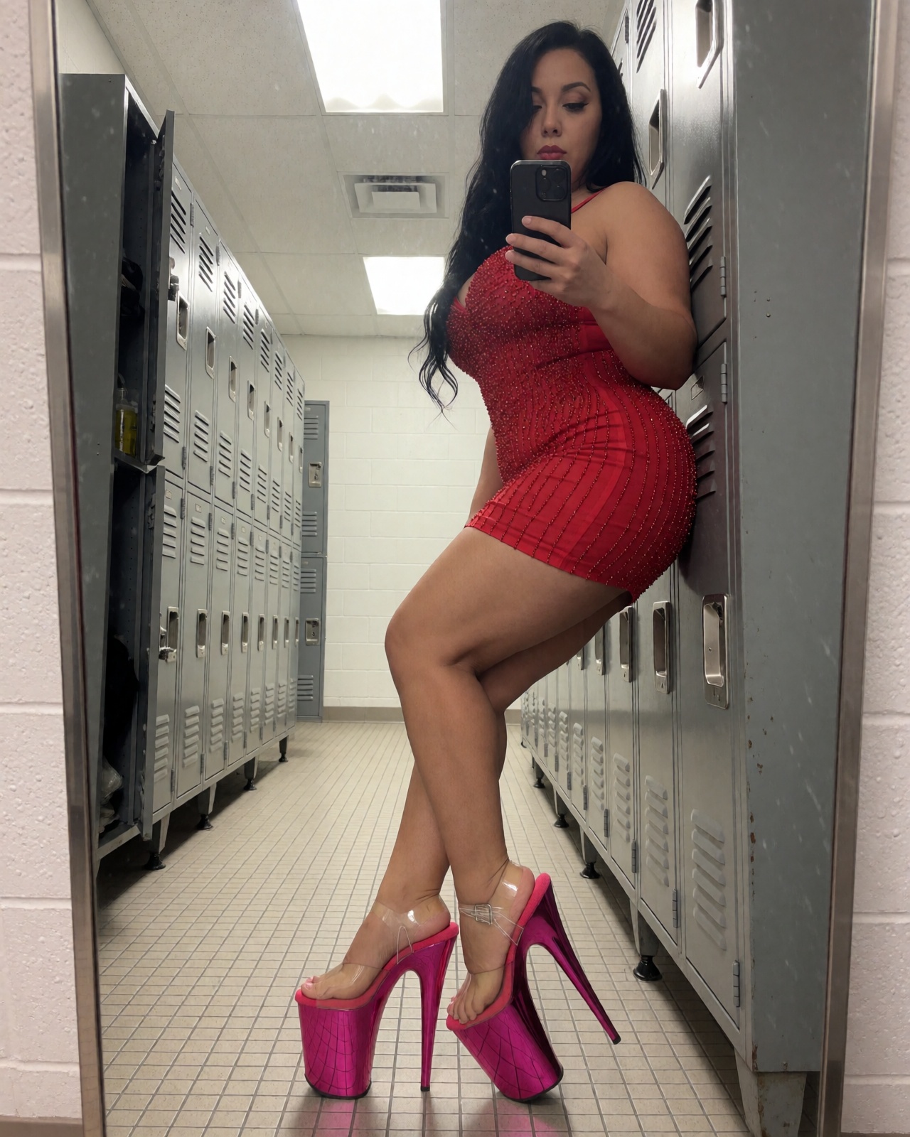 In a low-angle locker-room aisle,  a curvaceous woman with long black hair takes a mirror selfie wearing hot pink patent P...
