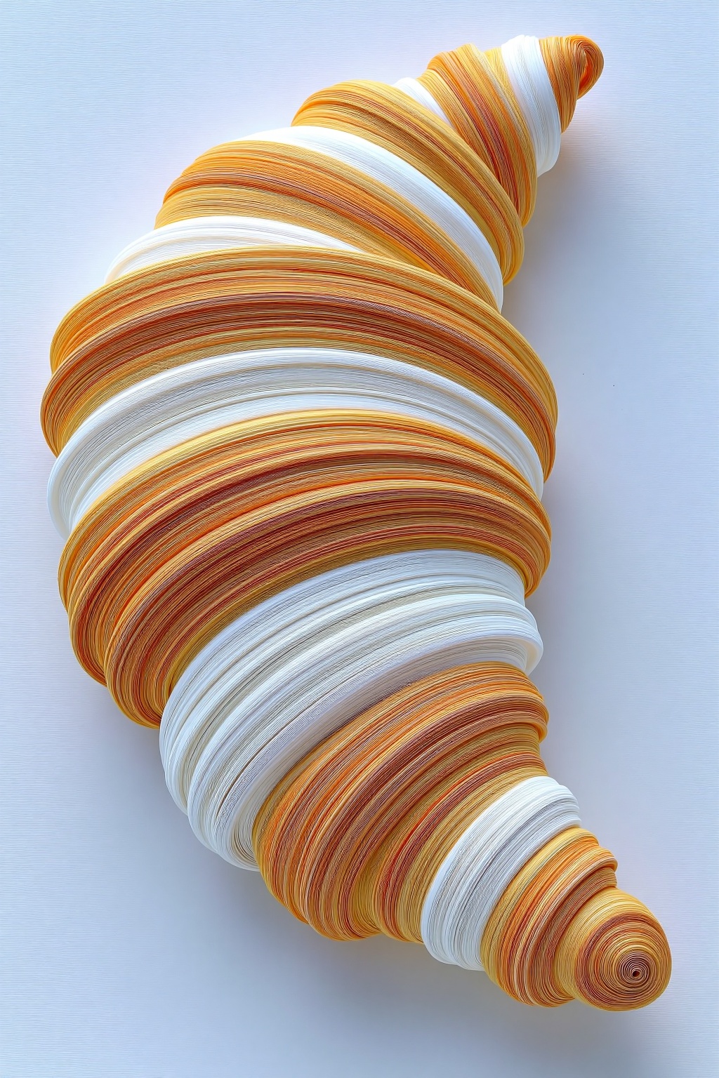 beijihui,a croissant with spiraling folds,sculpted from curled golden paper,flaky layers captured with exquisite paper texturing,