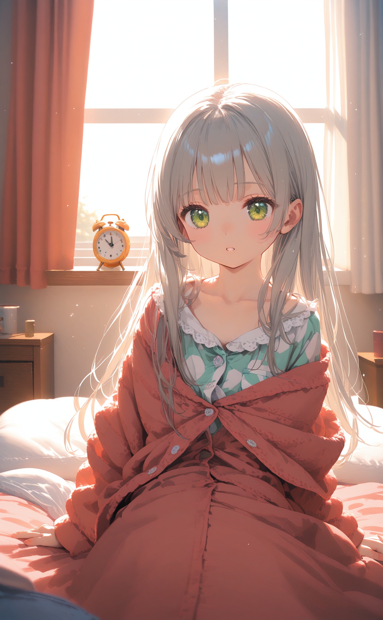 (masterpiece),(best quality),illustration,ultra detailed,hdr,Depth of field,(colorful),loli,1girl,clock,solo,alarm clock,under covers,green eyes,bed,long hair,pillow,indoors,sunlight,curtains,pajamas,grey hair,blanket,window,collarbone,bangs.,