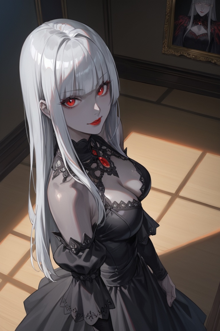 score_9, score_8_up, score_7_up, source_anime, detailed illustration, 8K UHD, face focus, ((from above side angle:1.2)), vampire, ((grey skin tone:1.4)), 1girl, solo, looking at viewer, red lips, cleavage, medium breasts, red eyes, grey hair, long hair, hime_cut, bangs, black fur dress, ((black sleeves, deteached sleeves)), intricate dress, standing, indoors, dark background, head tilted up
