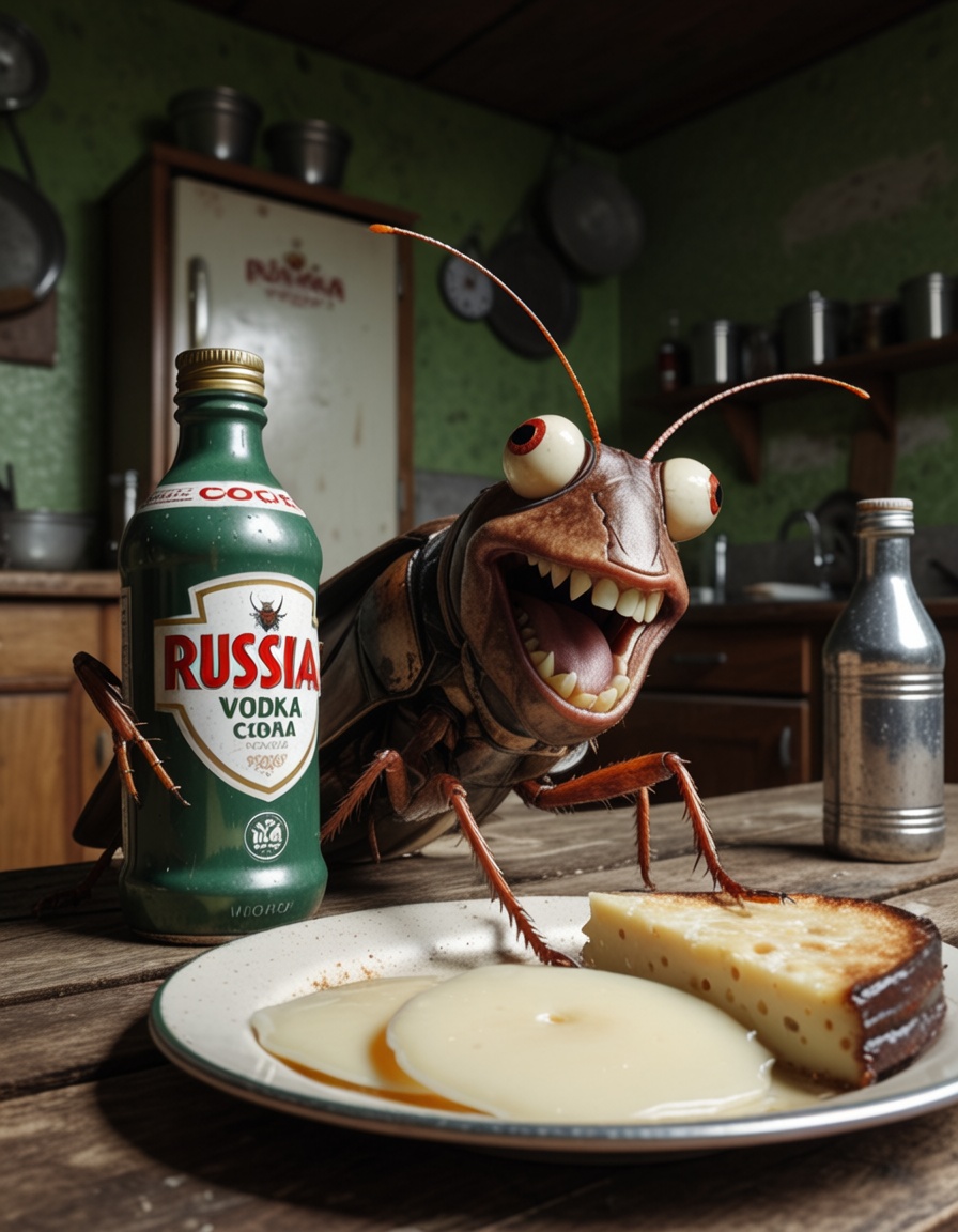 Hyper-realistic cinematic scene of a anthropomorphic cockroach with cartoonish features,  at a wooden kitchen table in a s...