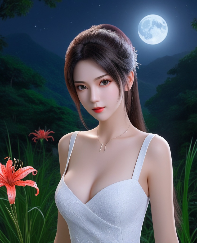 <lora:577-DA-XL-斗破苍穹-云韵-黑服:0.8>(,1girl, ,best quality, ),looking at viewer,  ,,ultra detailed background,ultra detailed background,ultra realistic 8k cg, ,masterpiece, spider lily,full moon, (cleavage), (),