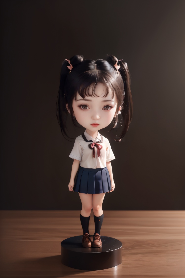 chibi,shouban,1girl,solo,twintails,black hair,ribbon,skirt,chibi,looking at viewer,hair ribbon,socks,black eyes,school uniform,indoors,kneehighs,realistic,standing,<lora:shouban>,(simple background:1.2),standing on a metal base,<lora:林黛玉:0.8:lbw=OUTD>,