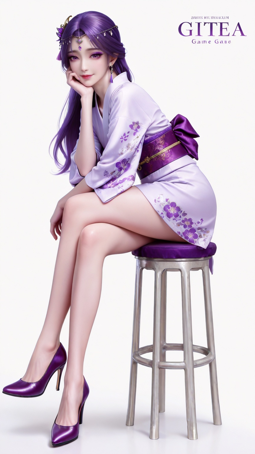 masterpiece,high quality,tall,game cg,highres,(soft light:1.2),white_skin,(shiny_skin:0.6),(realistic:1.1),glitter,<lora:云曦·衣服百搭款·化妆:0.8>,yunxi,1girl,solo,purple hair,purple eyes,white background,long hair,jewelry,earrings,hair ornament,looking at viewer,simple background,eyelashes,glitter,makeup,eyeshadow,purple eyeshadow,shiny eyeshadow,1girl,solo,high heels,sitting,kimono,japanese clothes,crossed legs,sash,purple sash,full body,smile,looking at viewer,hand on own face,floral print,obi,stool,head rest,copyright name,simple background,character name,legs,purple footwear,cover,jewelry,floating hair,