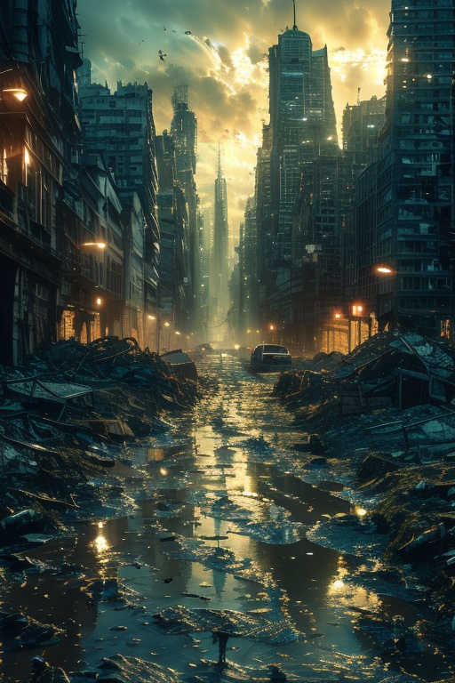 still life,High resolution movie lighting,surreal detail photography,Movie style,Doomsday,outdoors,sky,no humans,ground vehicle,cloud,building,scenery,city,road,rain,cityscape,streets filled with dilapidated houses,skyscraper,complex buildings,