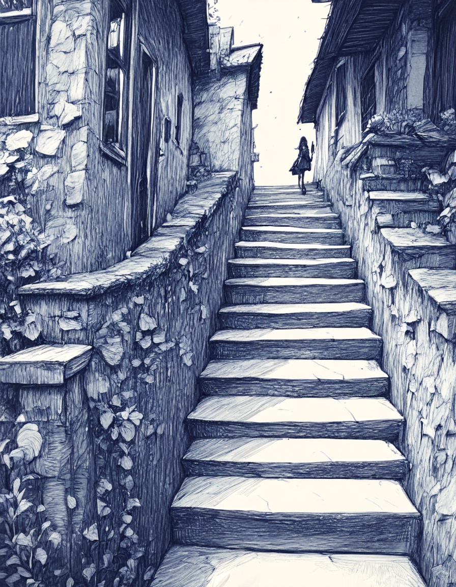 ncpy42 style stairs monochrome pen lineart,  flat color ,  score_9 on Tensor.Art