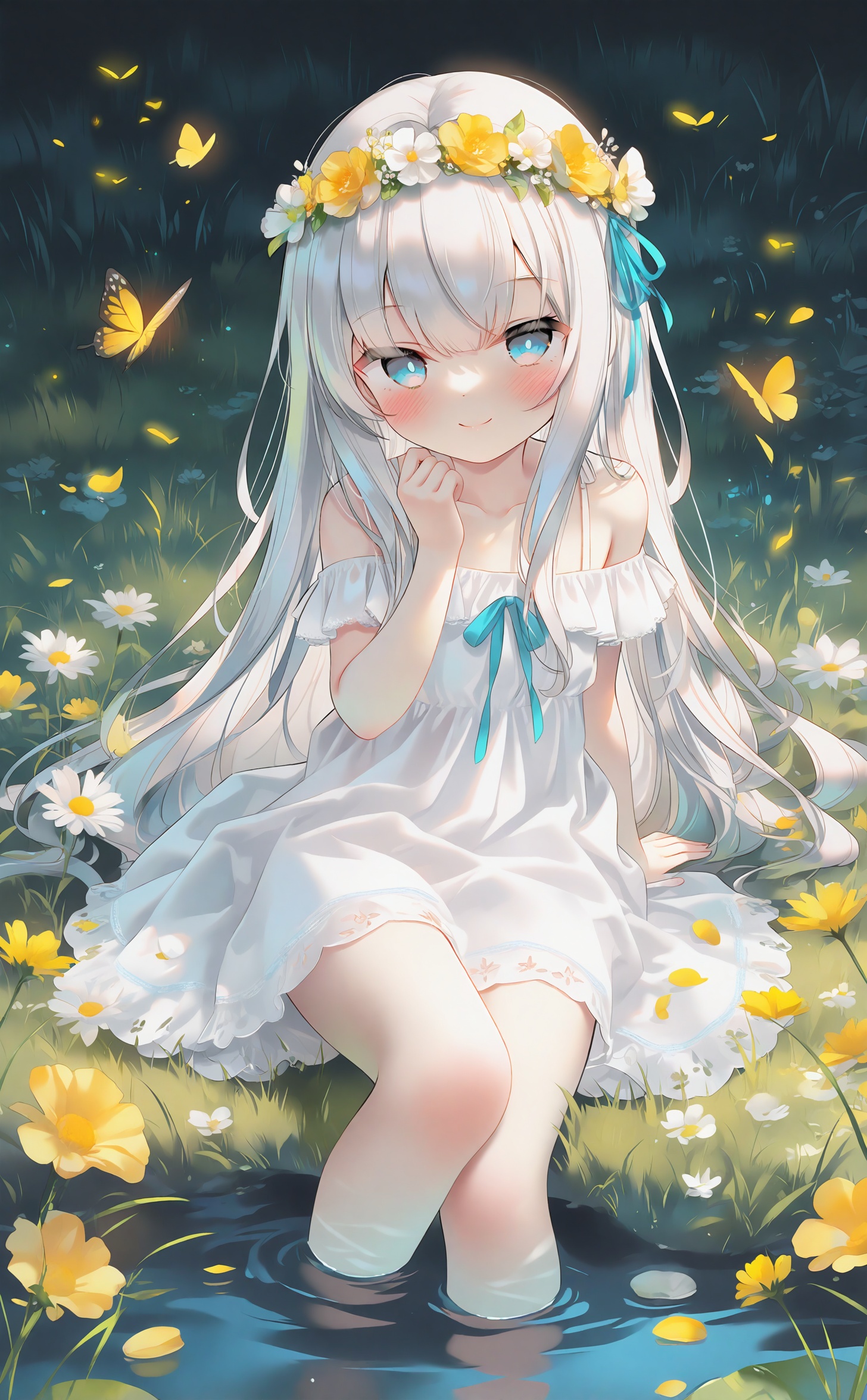 masterpiece,absurdres,best quality,high quality,chromatic_aberration,night,darkness,black theme,photorealistic,high contrast,high saturation,loli,loli,loli,//,1girl,bug,butterfly,solo,long hair,blue eyes,head wreath,smile,white hair,dress,looking at viewer,flower wreath,ribbon,water,sitting,flower,outdoors,grass,blue ribbon,white dress,hair ribbon,blush,off shoulder,day,closed mouth,on grass,yellow flower,off-shoulder dress,bare shoulders,virtual youtuber,petals,white flower,very long hair,yellow butterfly,collarbone,soaking feet,sundress,arm support,grey hair,spaghetti strap,hand up,white butterfly,<lora:Nai4 gzc:1>,