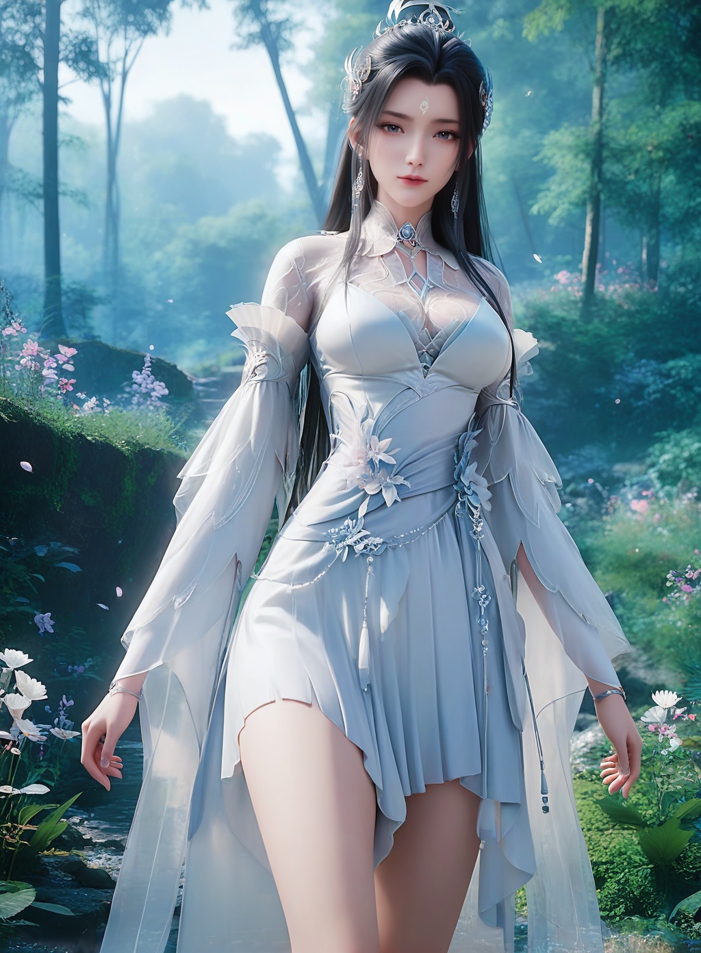 score_9,score_8_up,score_7_up,1girl,long hair,breast,medium breast,hair_ornament,dress,thick_thighs,black hair,forehead_mark,<lora:wy_luxueqi_XL7.0:0.8>,blurry,blurry background,depth of field,looking at viewer,gaden,flower,Dreamy forest,