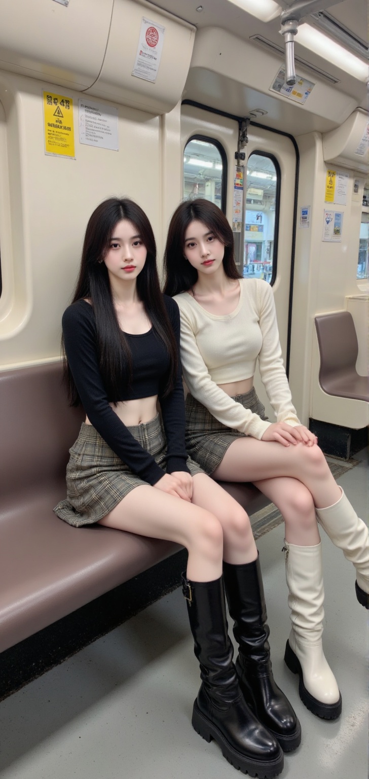 Pao Jie,This is a high-resolution photograph taken inside a subway train. Two young Asian women,both with long,straight black hair,are sitting side-by-side on a brown vinyl bench. The woman on the left is wearing a black long-sleeve crop top that exposes her midriff,paired with a short plaid skirt. She has a slim physique with fair skin and is wearing black knee-high boots. The woman on the right is dressed in a cream-colored long-sleeve top with a high neckline,a short plaid skirt,and knee-high white boots with chunky soles. Her skin tone is also fair,and she has a slender build.,Both women have a youthful appearance,with neutral makeup that highlights their natural features. The subway car features a modern,clean design with beige walls and a polished metal ceiling. There are advertisements and information posters affixed to the walls. The seats are arranged in rows,and the floor is a light gray color. The lighting is bright,likely from natural light streaming through the windows or from the overhead fluorescent lights. The overall atmosphere is casual and contemporary,with a focus on the fashion and style of the two young women.,charming legs,