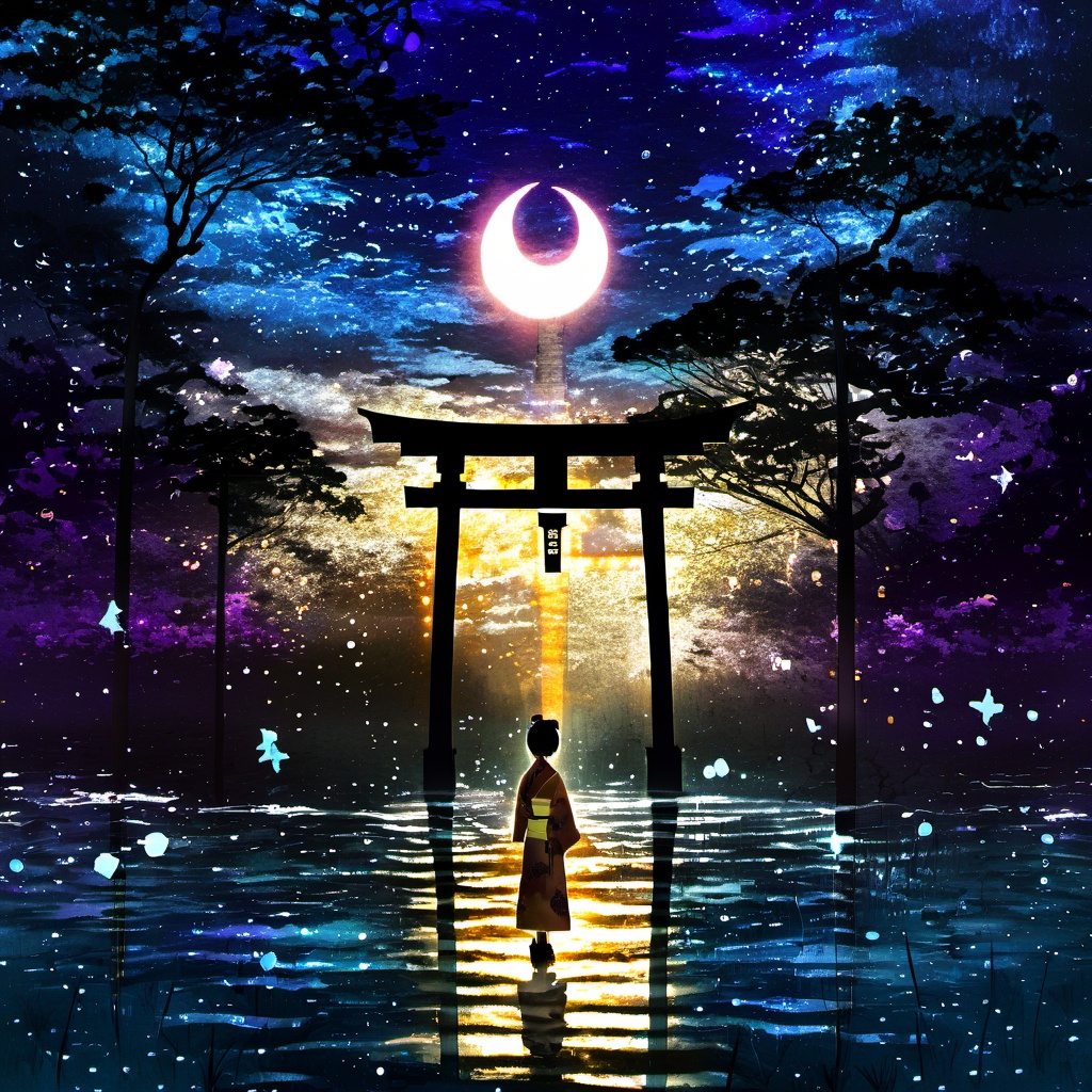 <lora:star_xl_v2:1>,a person standing in front of a lantern in the dark with a crescent on it and a full moon in the sky, 1girl, solo, standing, japanese clothes, sky, water, tree, night, moon, bug, scenery, silhouette, torii, crescent moon, star \(sky\), nature, starry sky, The image portrays a serene and mystical night scene. In the foreground, there's a silhouette of a person standing in front of a large, ornate torii gate. The gate is illuminated from the inside, casting a warm, golden glow. The person is dressed in traditional attire, possibly a kimono, and is facing away from the viewer, looking towards the horizon. The background is filled with a mesmerizing blend of colors, predominantly blues and purples, representing the night sky. There are numerous stars scattered throughout, and a crescent moon is visible in the center. The water below reflects the colors of the sky, adding to the tranquility of the scene. On the right side, there's a silhouette of a butterfly, adding a touch of life and movement to the otherwise still image., serene, mystical, night scene, torii gate, golden glow, traditional attire, stars, butterfly