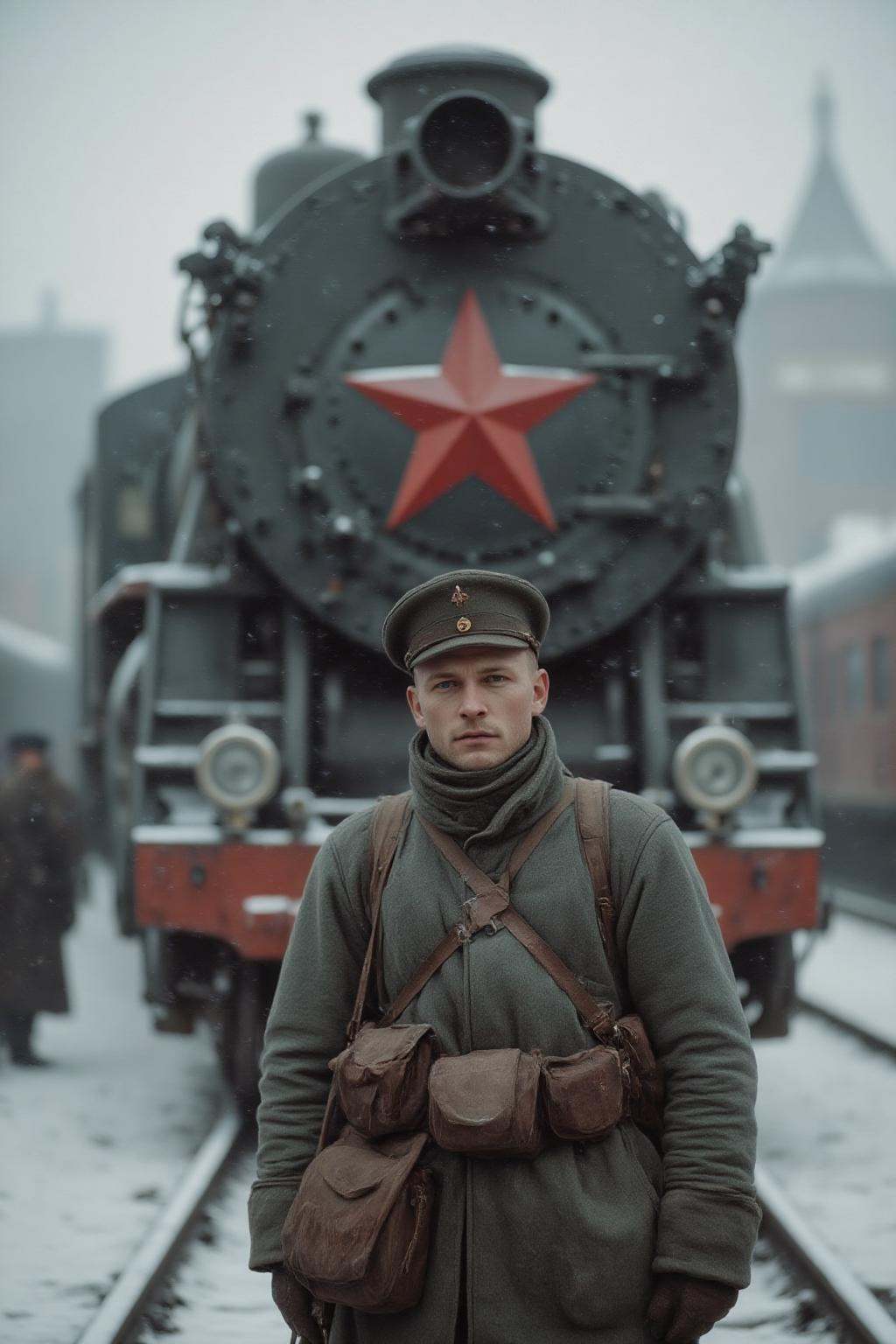 midjourney photograph.In the center is a Russian man dressed in a military uniform standing in front of a large,  black st...