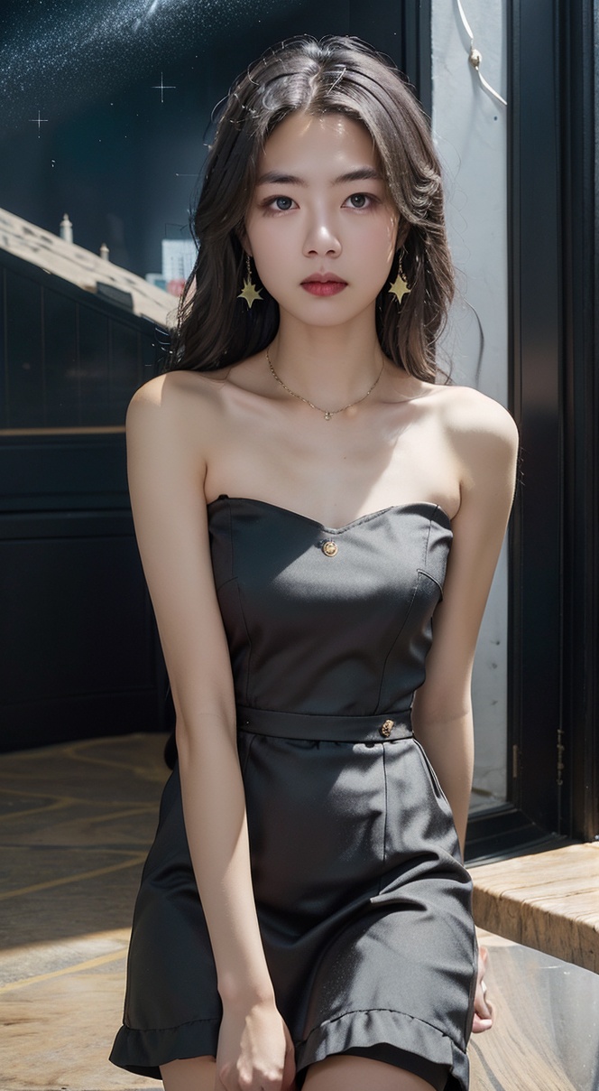 1girl,solo,dress,jewelry,earrings,sleeveless,black hair,green princess dress,stars in the sky,black sci-fi wind,bare shoulders,looking at viewer,sepia,cityscape,light particle,scenery,magnificent_architecture,rain,sparks,long hair,<lora:发型1_v1.0:0.4>,