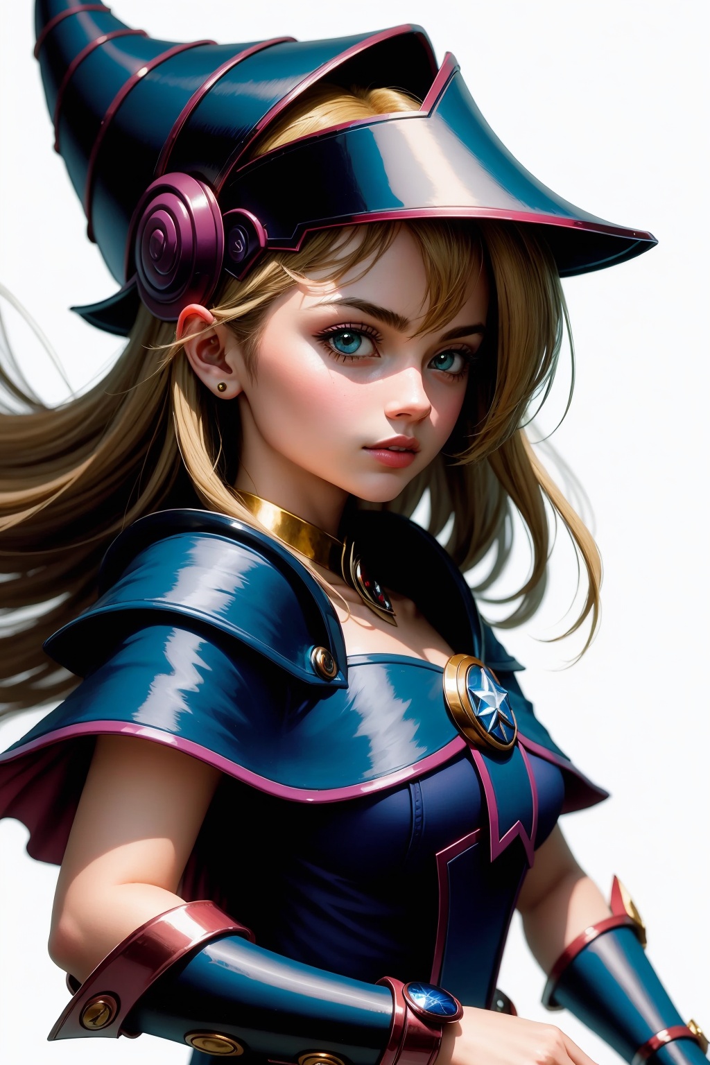 masterpiece,best quality, highly detailed, portrait,close-up,upper body,dark magician girl,1girl,solo,duel monster,wizard hat<lora:dark_magician_girl:1>,simple background,white background,