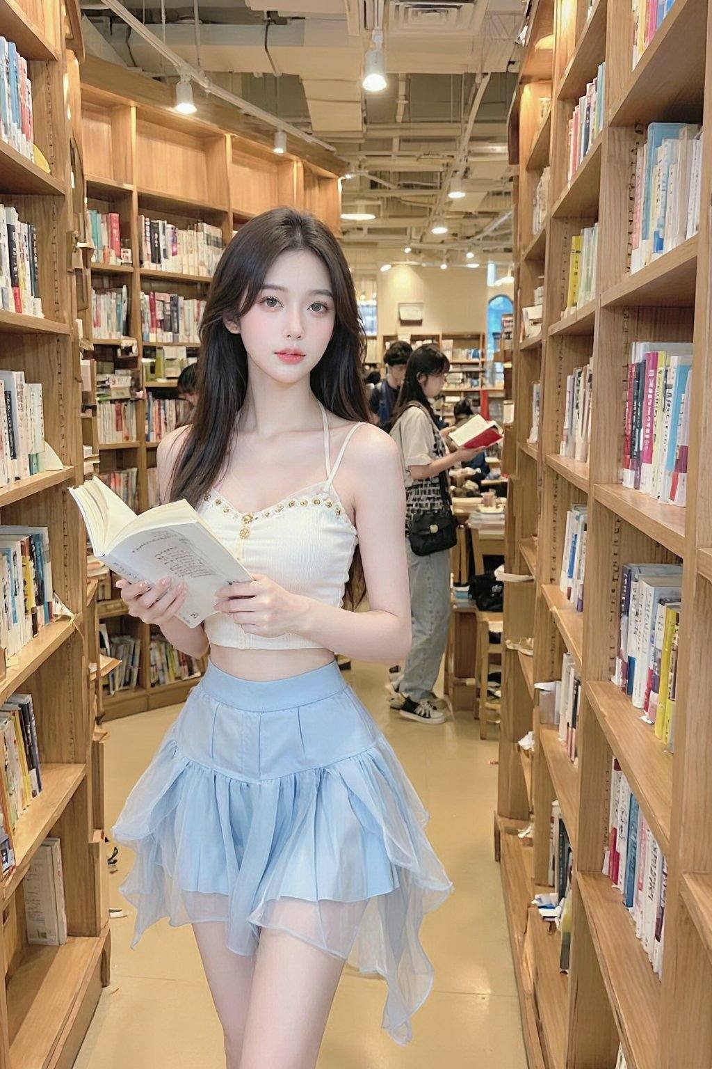 照片捕捉到图书馆一条静谧狭窄的过道，两侧排列着木质书架。一位年轻的亚裔女子站在前景中，她肤色白皙，一头乌黑长发，五官精致。她身穿一件白色吊带露脐上衣，领口处饰有金色小扣，下身搭配一条浅蓝色高腰超短百褶裙，裙子飘逸灵动。她手上拿着一本打开了的书，营造出一种柔美空灵的美感。背景中还有其他读者在阅读，更添一份宁静的学术氛围。温暖柔和的灯光进一步增强了图书馆舒适而充满智慧的氛围。