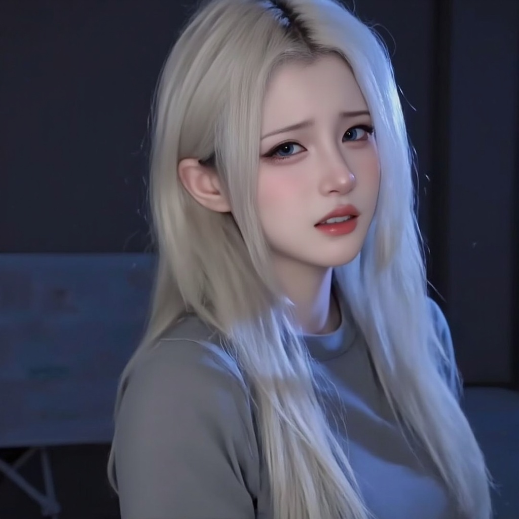 xianqi,xianqi,a look of disdain,a disgusted expression,straight,platinum blonde hair,pale skin,the background is dimly lit,she has long,large blue eyes,behind her,elegant ambiance,xianqi,