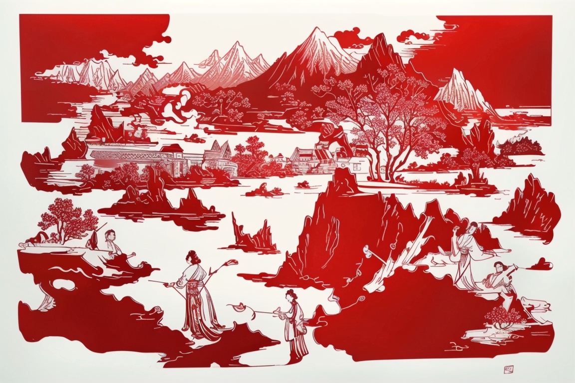 ((HRD, HUD, 8K)),((masterpiece, best quality)), highly detailed,paper-cut, monochrome, red theme, white background, simple background, 4girls, 3boys, mountain, water,  <lora:20231226-1703580387565:1>
