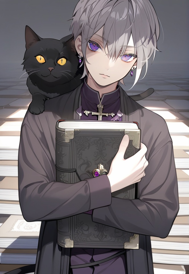 (best quality), ((masterpiece)), (highres), illustration, original, extremely detailed, <lora:淡彩の华美病娇:0.7>cat, 1boy, male focus, purple eyes, jewelry, earrings, animal on shoulder, black cat, looking at viewer, solo, long sleeves, grey hair, animal, cross, holding, book, short hair