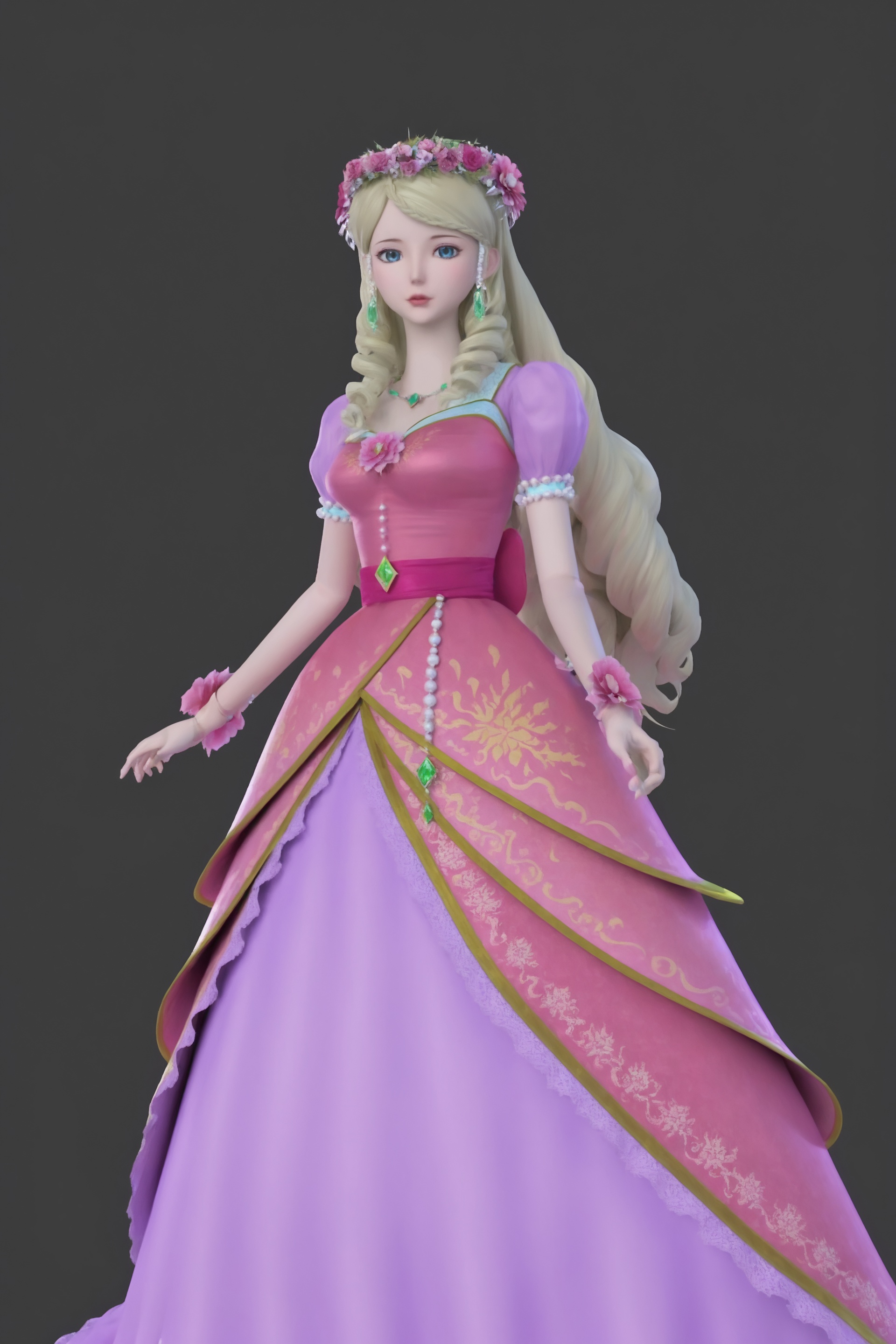 <lora:精灵梦叶罗丽-灵公主Pony:0.7>,1girl,long,flowing blonde hair,crown of pink flowers,blue eyes,flowing,pink dress with a fitted bodice with intricate floral and leaf patterns,puffy sleeves,green gemstone pendant,pink flower on wrist,pink shoes,breasts,black background,standing,looking at viewer,