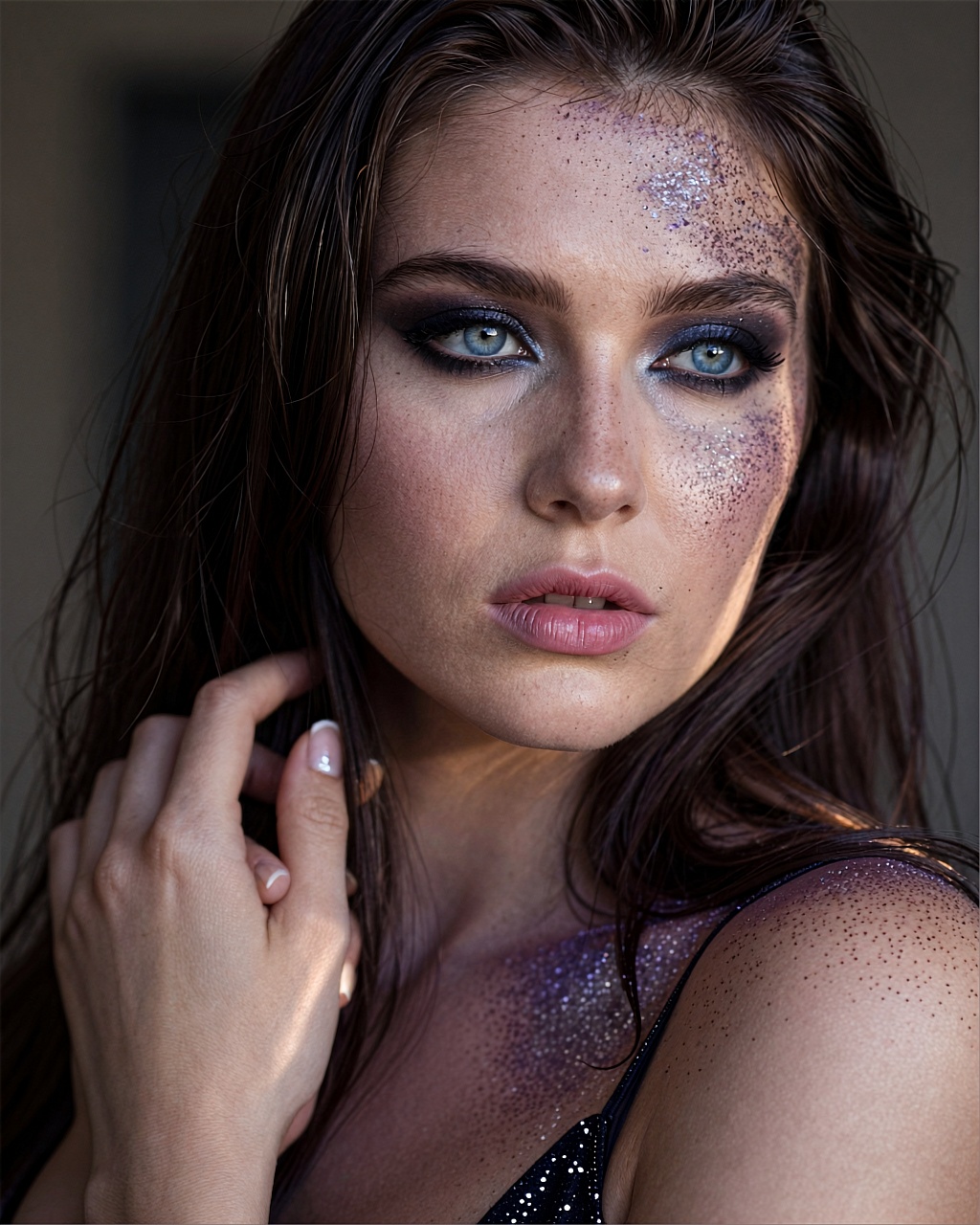 A close-up portrait of a young woman with striking blue eyes and dark brown hair that falls in soft waves around her shoul...
