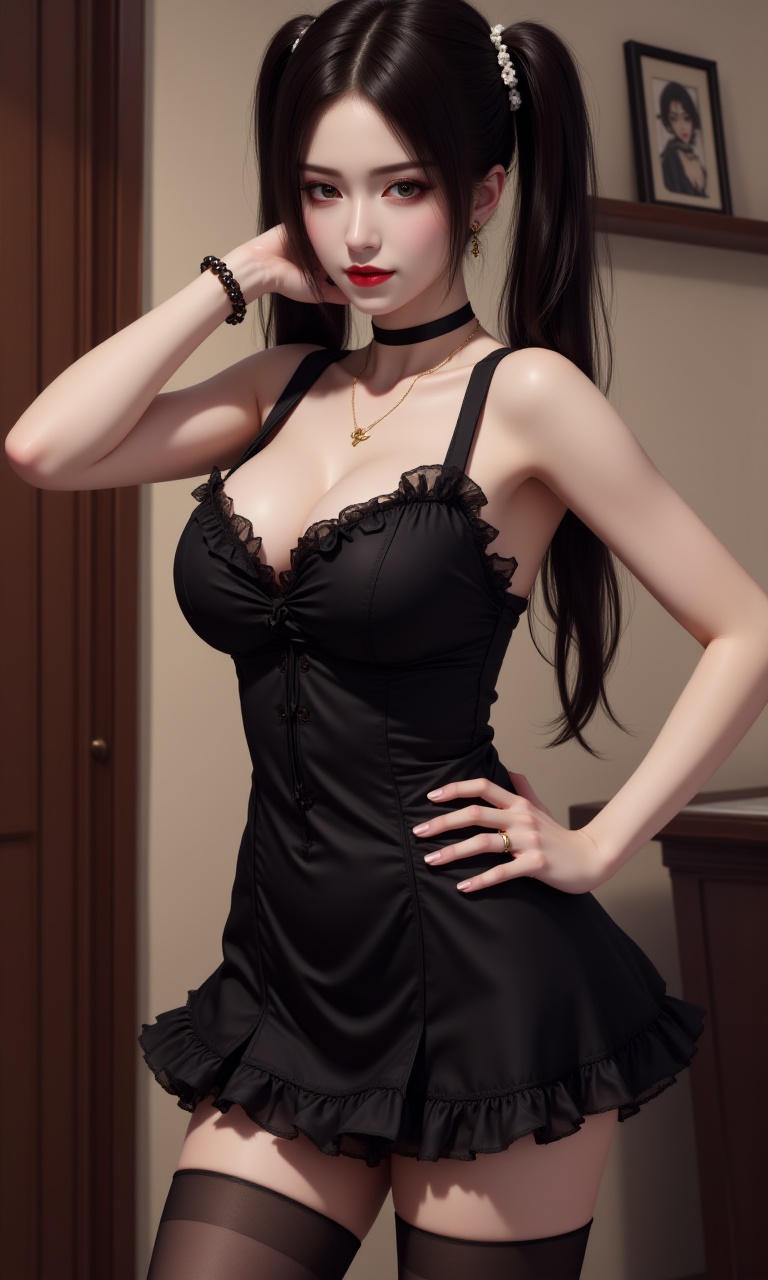 JQZX, in detail. this is a highly detailed digital illustration depicting a young asian woman with fair skin and long, dark brown hair styled in high pigtails. she is dressed in a provocative black maid outfit consisting of a short, sleeveless dress with ruffled edges, a choker, and sheer black thigh-high stockings. the dress is low-cut, accentuating her ample breasts and exposing her bare back. her pose is seductive, with one hand resting on her hip and the other hand lifting her hair, revealing her neck. her expression is sultry, with red lips and dark, expressive eyes. the background features a wooden door and a framed picture on a wooden shelf, suggesting an indoor setting, possibly a home or a private room. the lighting is soft and warm, casting gentle shadows that enhance the texture of her skin and the fabric of her outfit. the overall style of the illustration is hyper-realistic, with a focus on detailed textures and realistic skin tones...,<lora:F1-斗破苍穹-美杜莎:1>,
