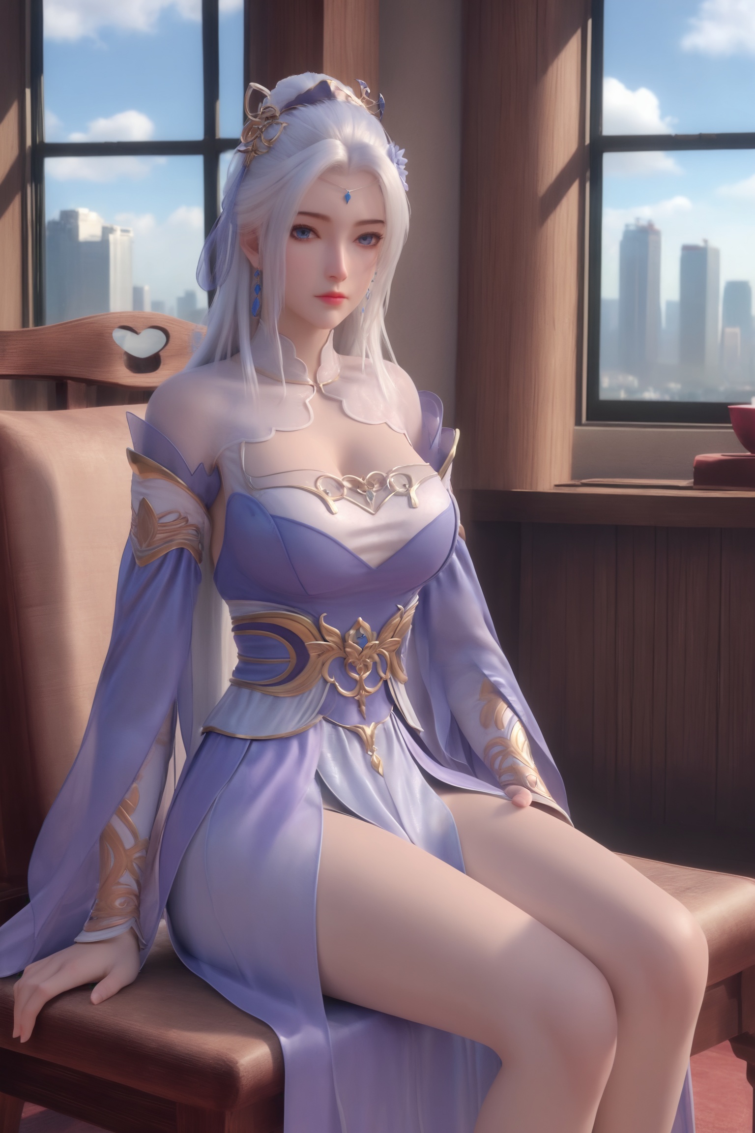 <lora:仙武传-楚萱儿Pony:0.8>,1girl,long,straight,silver-white hair,headpiece,blue eyes,flowing,high-collared,off-the-shoulder lavender and gold dress,elegant embroidery,high slit,1girl,solo,sitting,window,frills,sky,cloud,indoors,cityscape,closed_mouth,sun,looking at viewer,