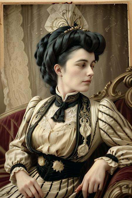 closeup vintage photo of a beautiful woman wearing a black and white layered velvet dress,  with jacket with appliques on...