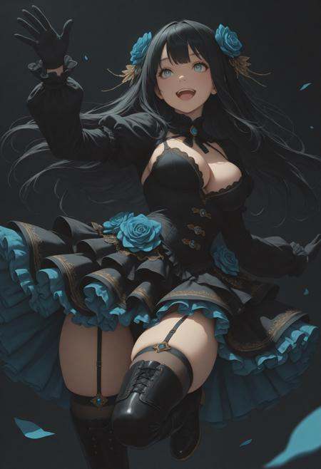 masterpiece, detailed_eyes, high_quality, best_quality, highres, absurdres, 8k, subject_focus, depth_of_field,1girl, solo, alone, cute, black long hair, blue aqua eyes, black dress, gothic dress, skindentation, medium tits, cleavage, sleeves, chocker, ruffles, gloves, hair ornaments, stockings, boots, jumping, open mouth, happy, black and blue roses, low angle